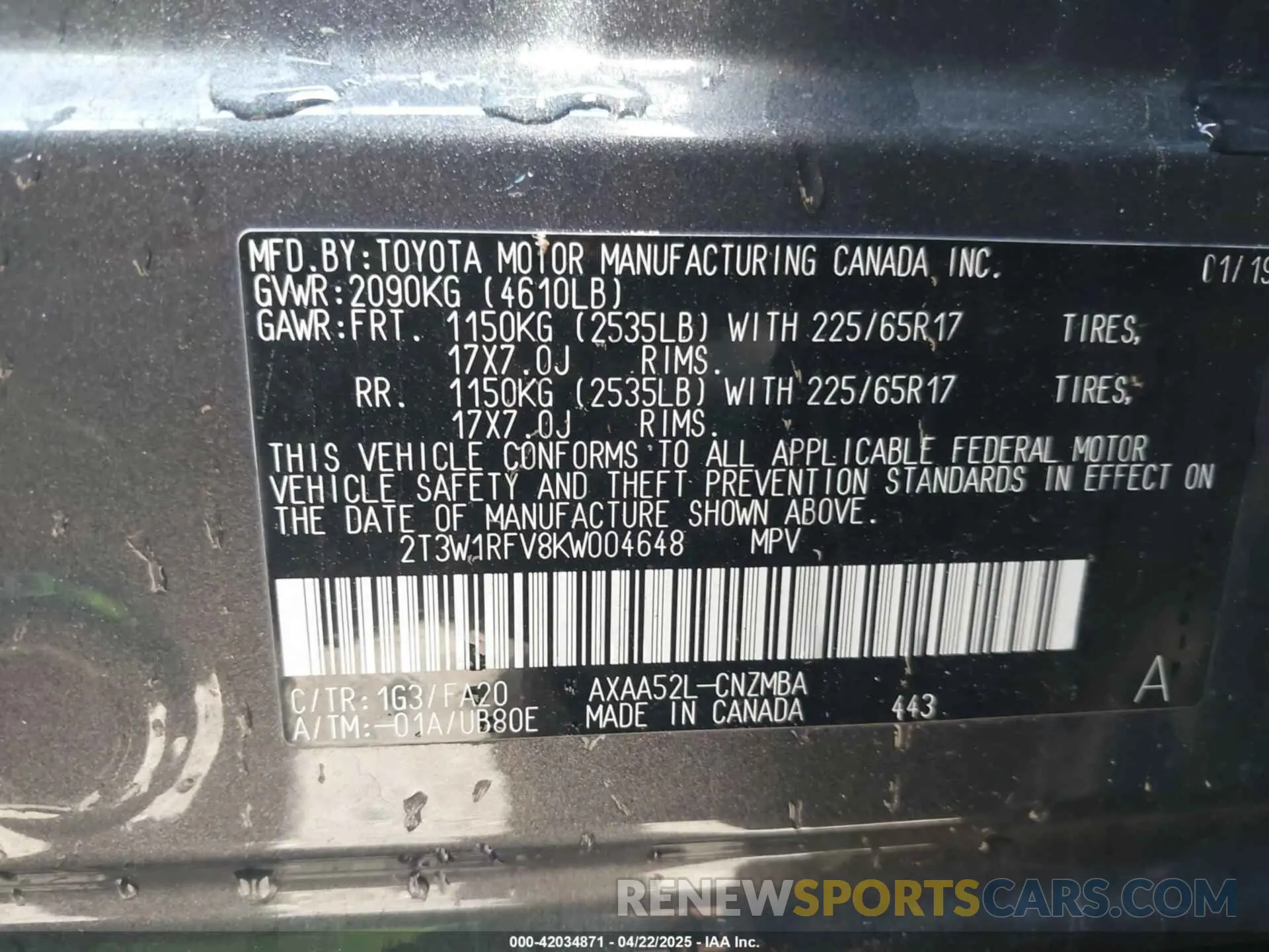 9 fotografías del automóvil dañado 2T3W1RFV8KW004648 TOYOTA RAV4 2019