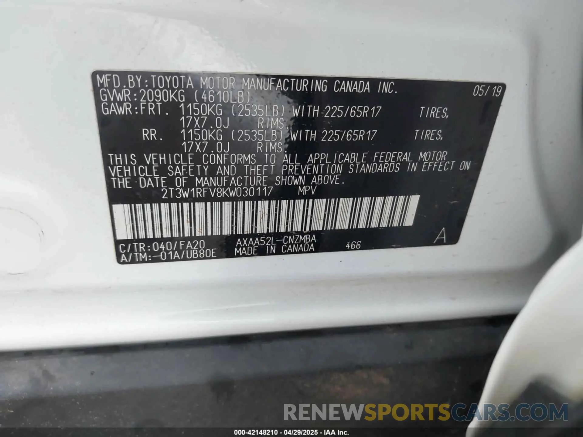 9 fotografías del automóvil dañado 2T3W1RFV8KW030117 TOYOTA RAV4 2019