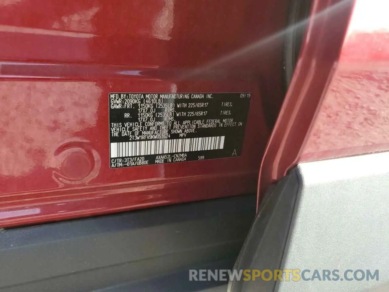 13 fotografías del automóvil dañado 2T3W1RFV9KW051624 TOYOTA RAV4 2019