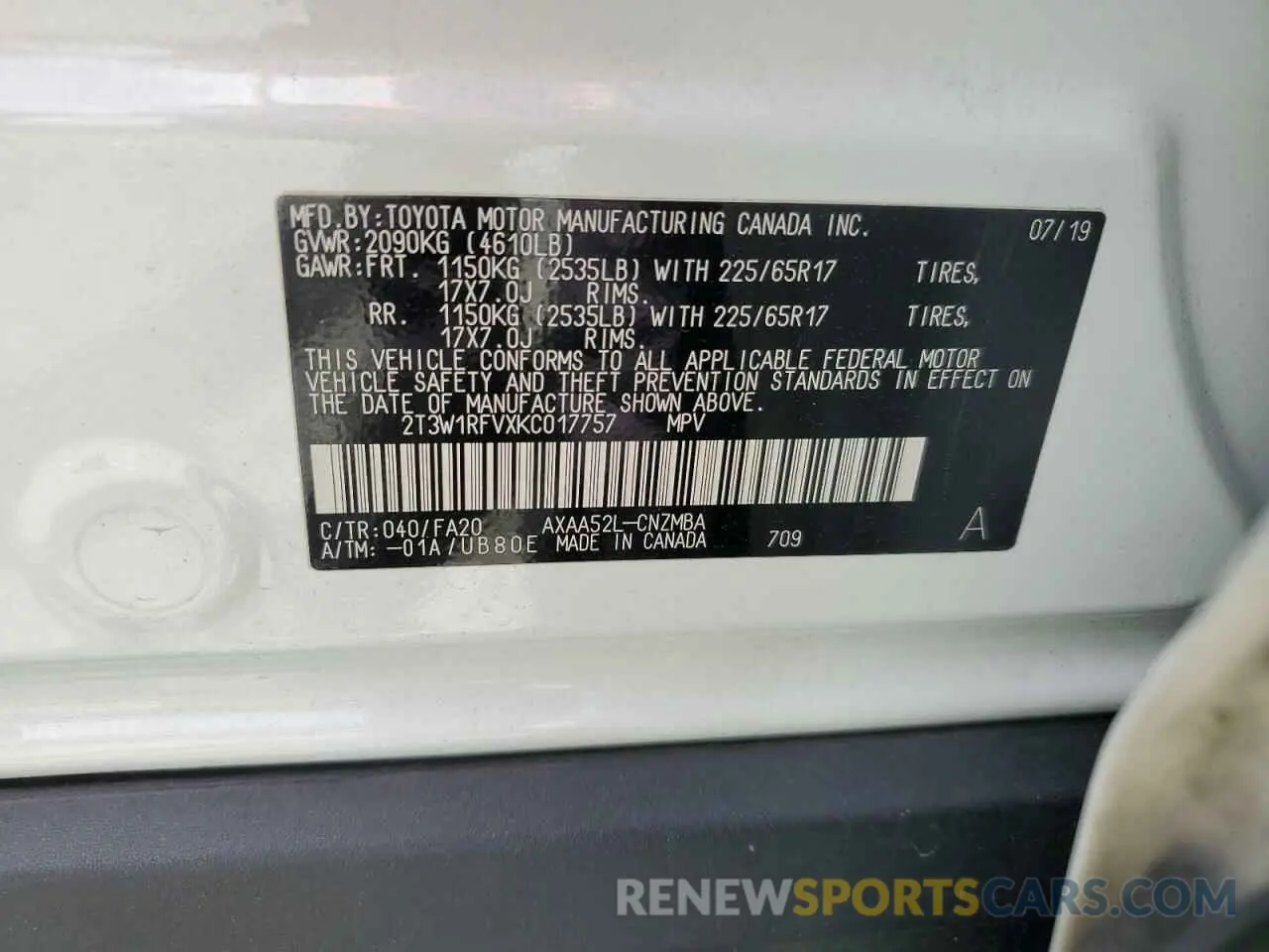 14 fotografías del automóvil dañado 2T3W1RFVXKC017757 TOYOTA RAV4 2019