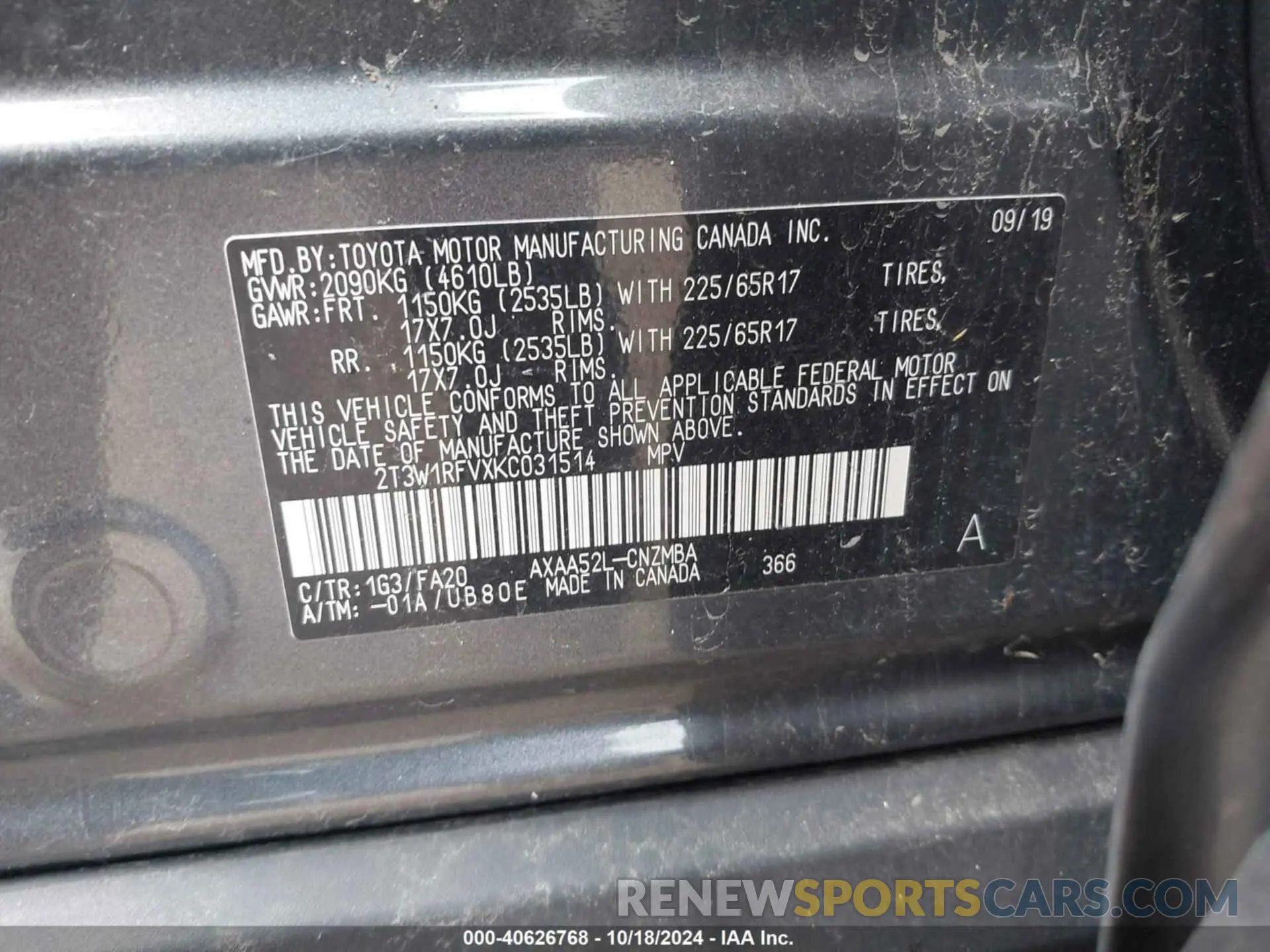 9 fotografías del automóvil dañado 2T3W1RFVXKC031514 TOYOTA RAV4 2019