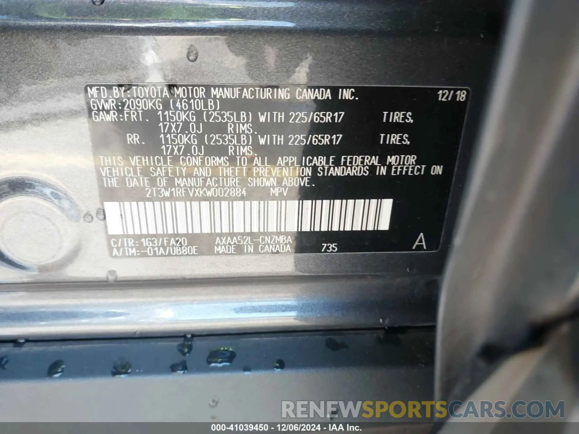 9 fotografías del automóvil dañado 2T3W1RFVXKW002884 TOYOTA RAV4 2019
