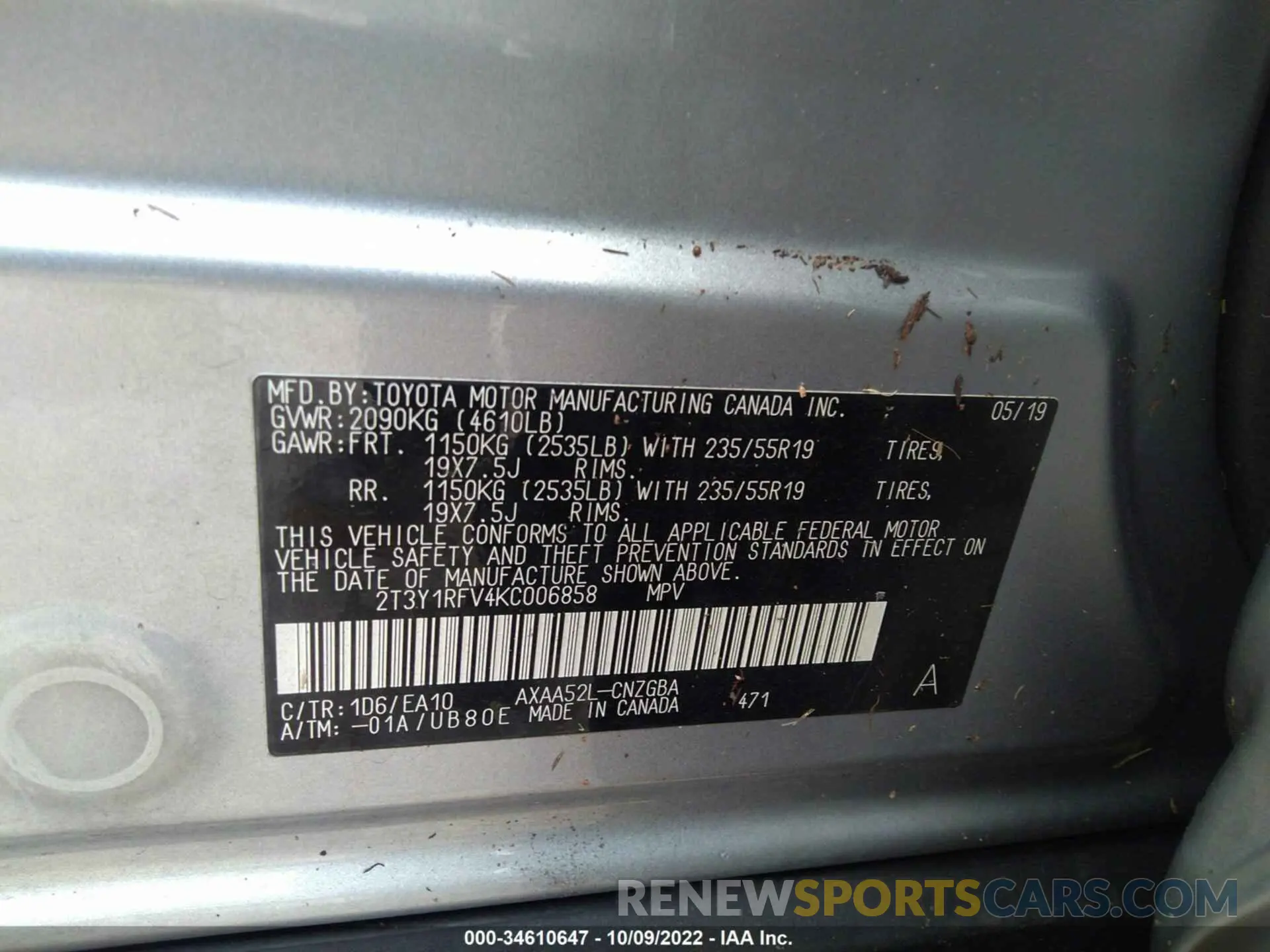 9 fotografías del automóvil dañado 2T3Y1RFV4KC006858 TOYOTA RAV4 2019