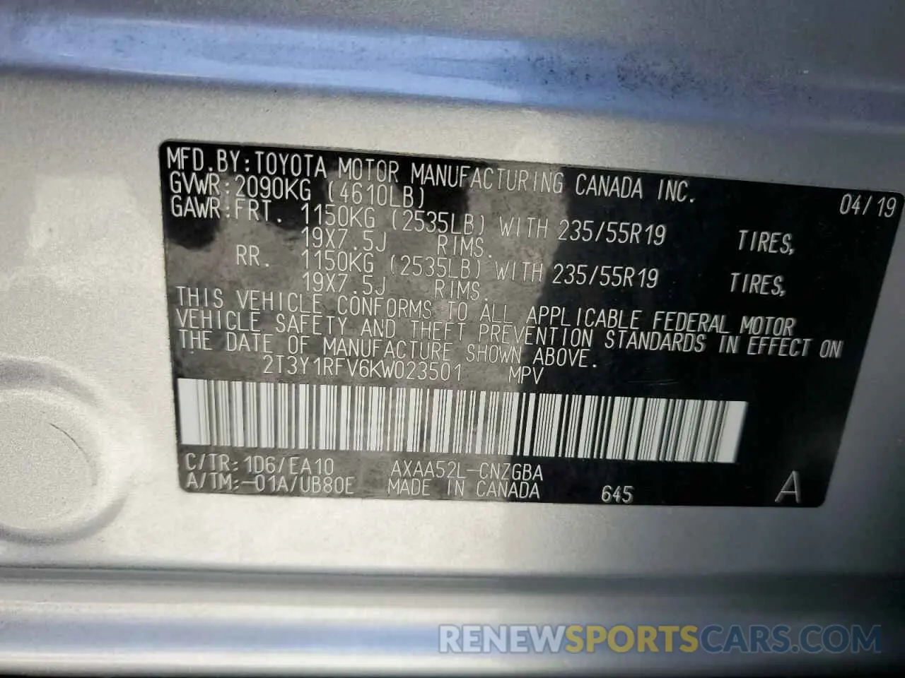 13 fotografías del automóvil dañado 2T3Y1RFV6KW023501 TOYOTA RAV4 2019