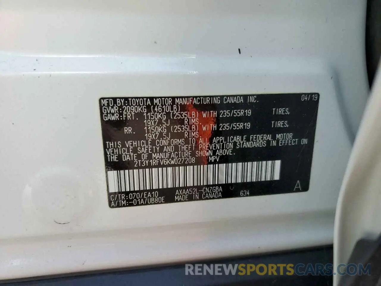 14 fotografías del automóvil dañado 2T3Y1RFV6KW027208 TOYOTA RAV4 2019