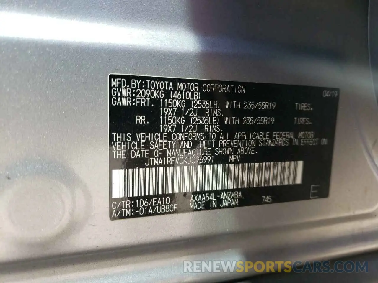 10 fotografías del automóvil dañado JTMA1RFV0KD026991 TOYOTA RAV4 2019
