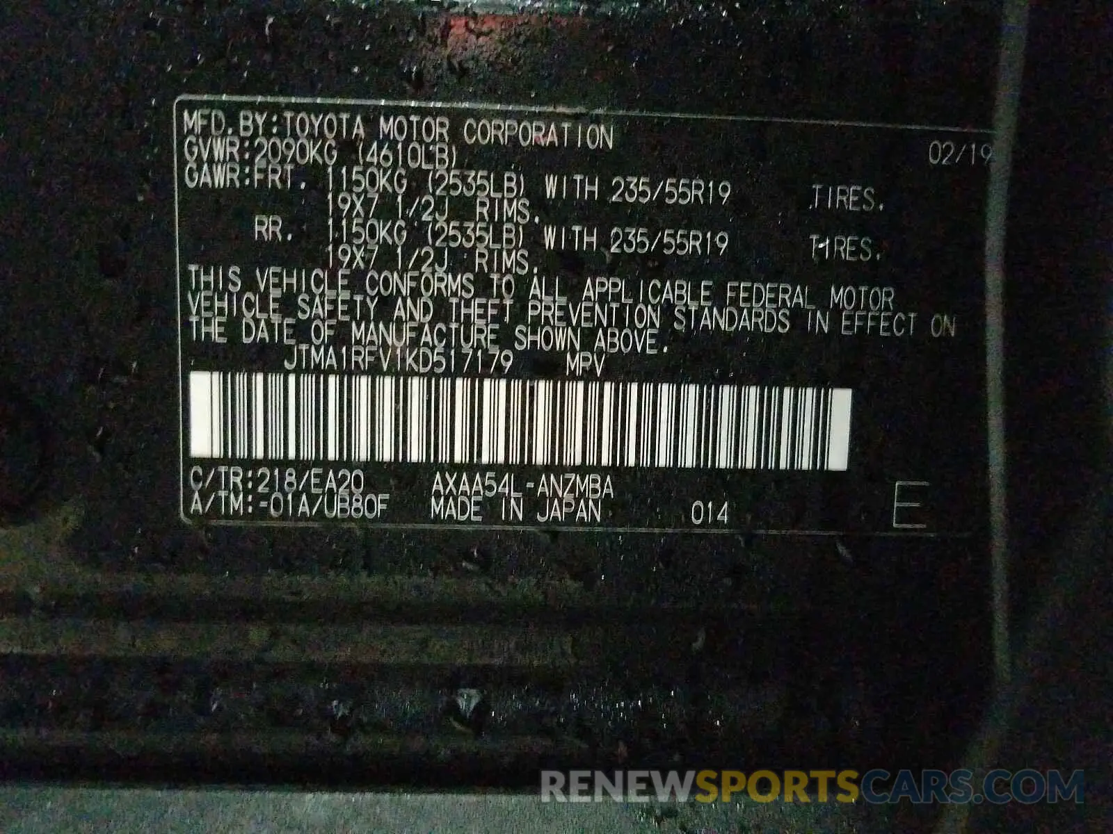 10 fotografías del automóvil dañado JTMA1RFV1KD517179 TOYOTA RAV4 2019