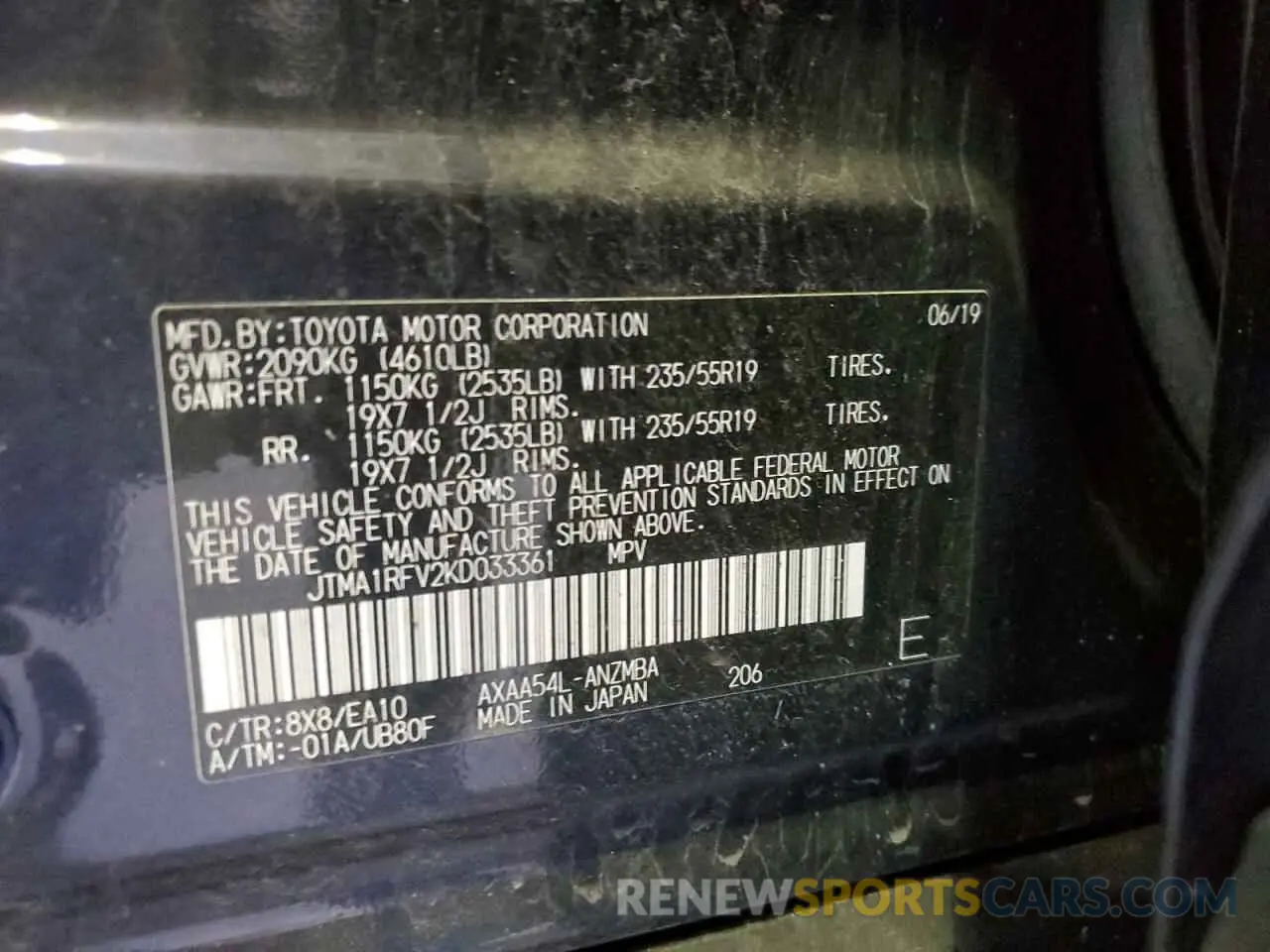 14 fotografías del automóvil dañado JTMA1RFV2KD033361 TOYOTA RAV4 2019
