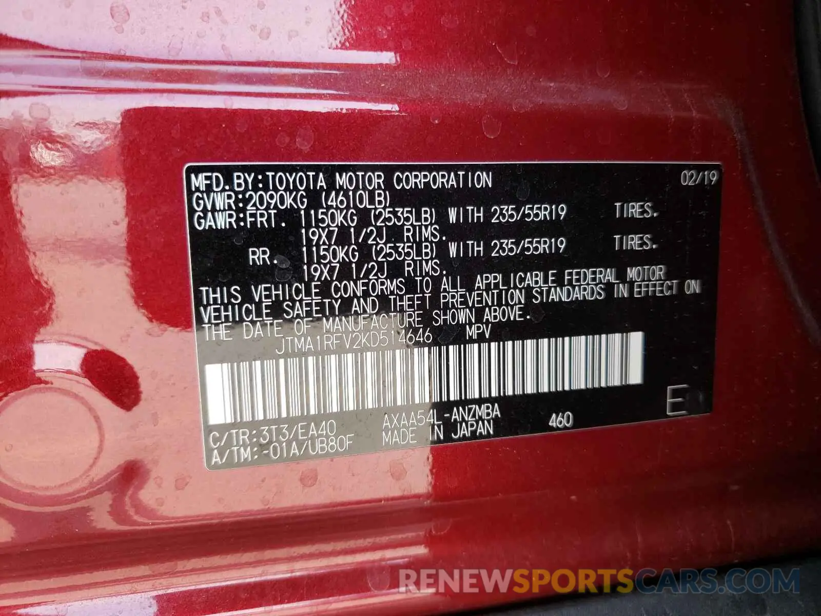10 fotografías del automóvil dañado JTMA1RFV2KD514646 TOYOTA RAV4 2019