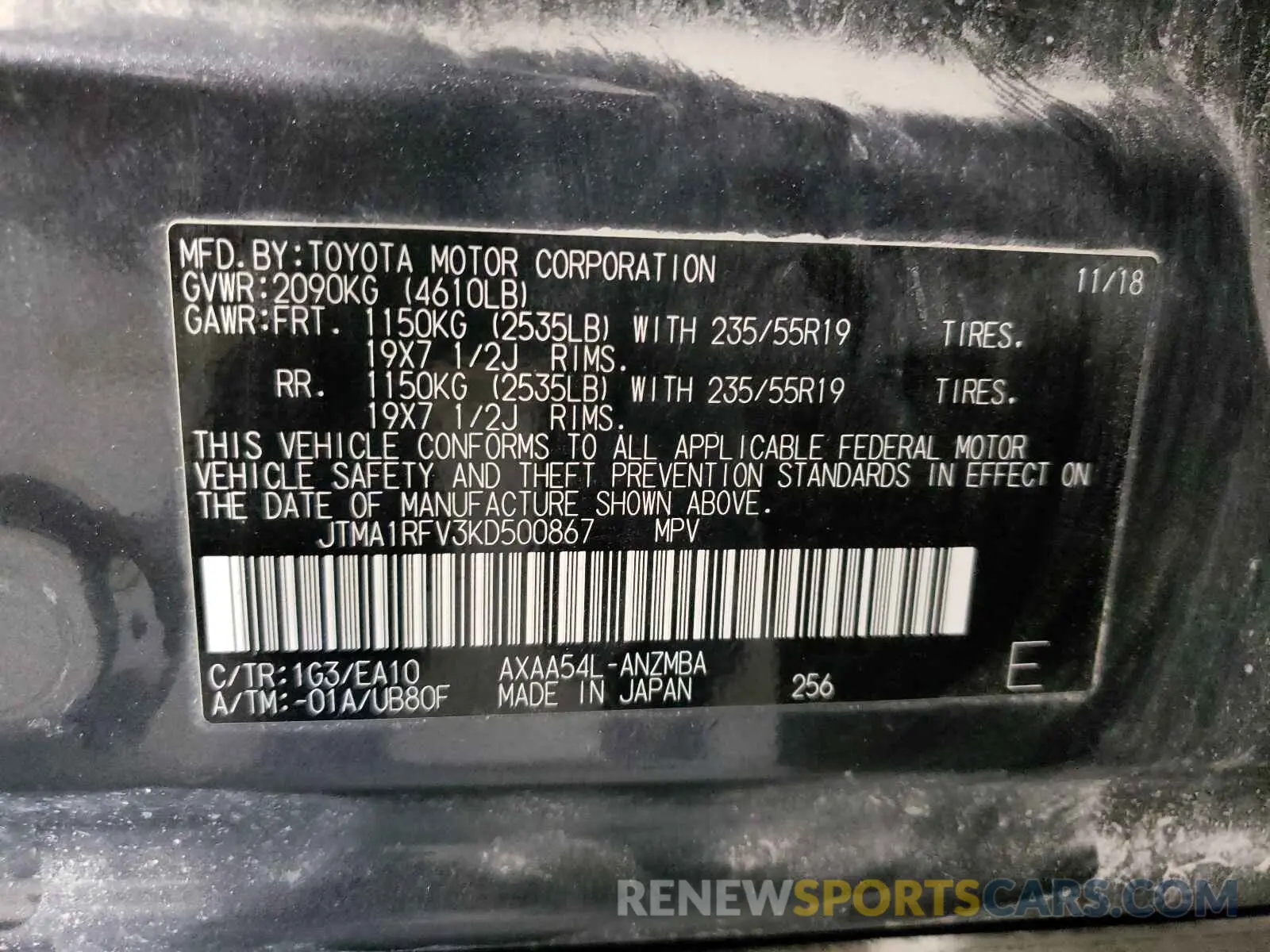 10 fotografías del automóvil dañado JTMA1RFV3KD500867 TOYOTA RAV4 2019