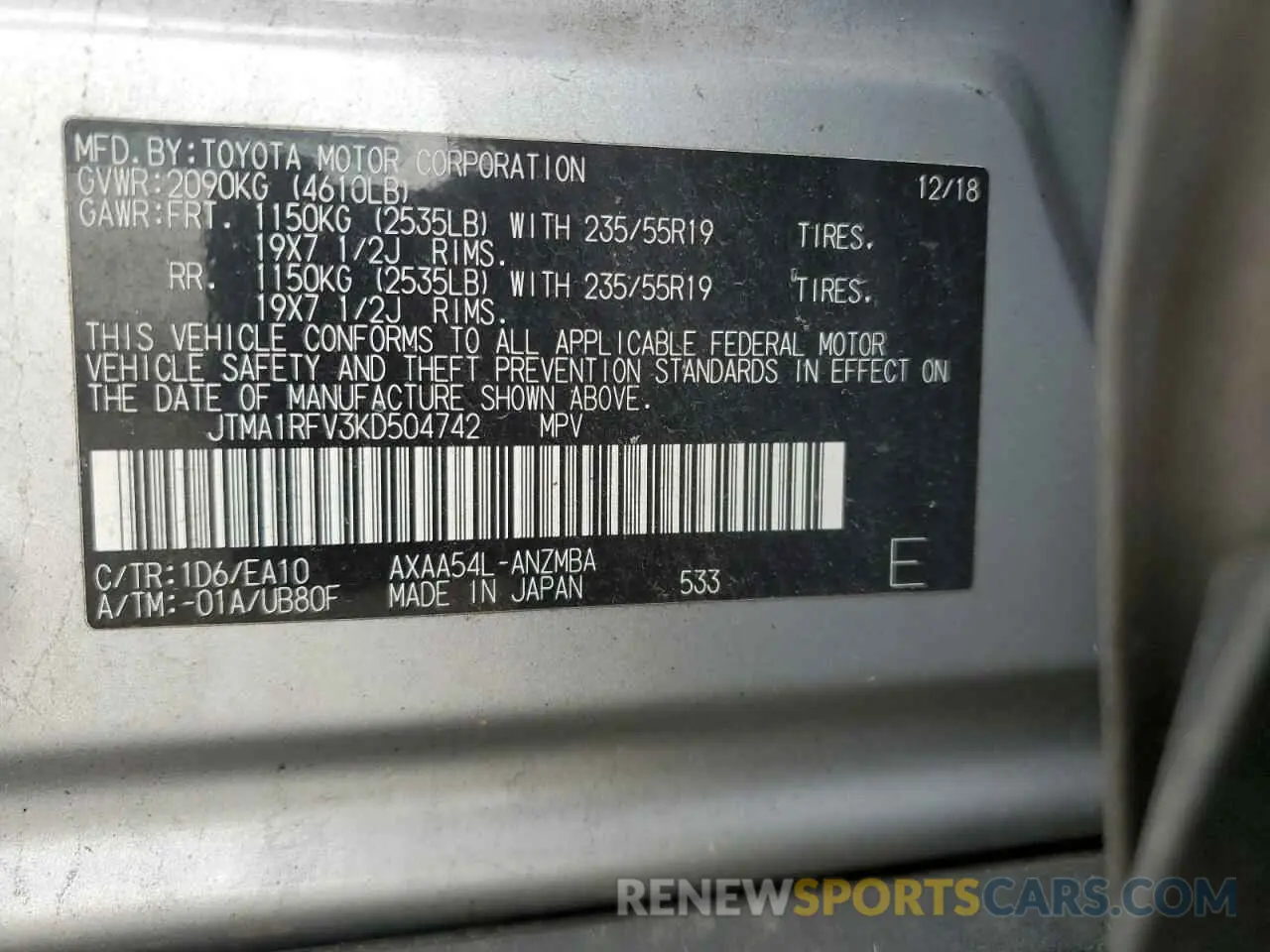 13 fotografías del automóvil dañado JTMA1RFV3KD504742 TOYOTA RAV4 2019