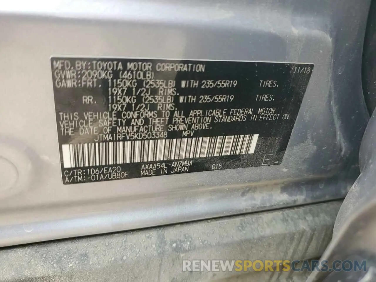 13 fotografías del automóvil dañado JTMA1RFV5KD503348 TOYOTA RAV4 2019
