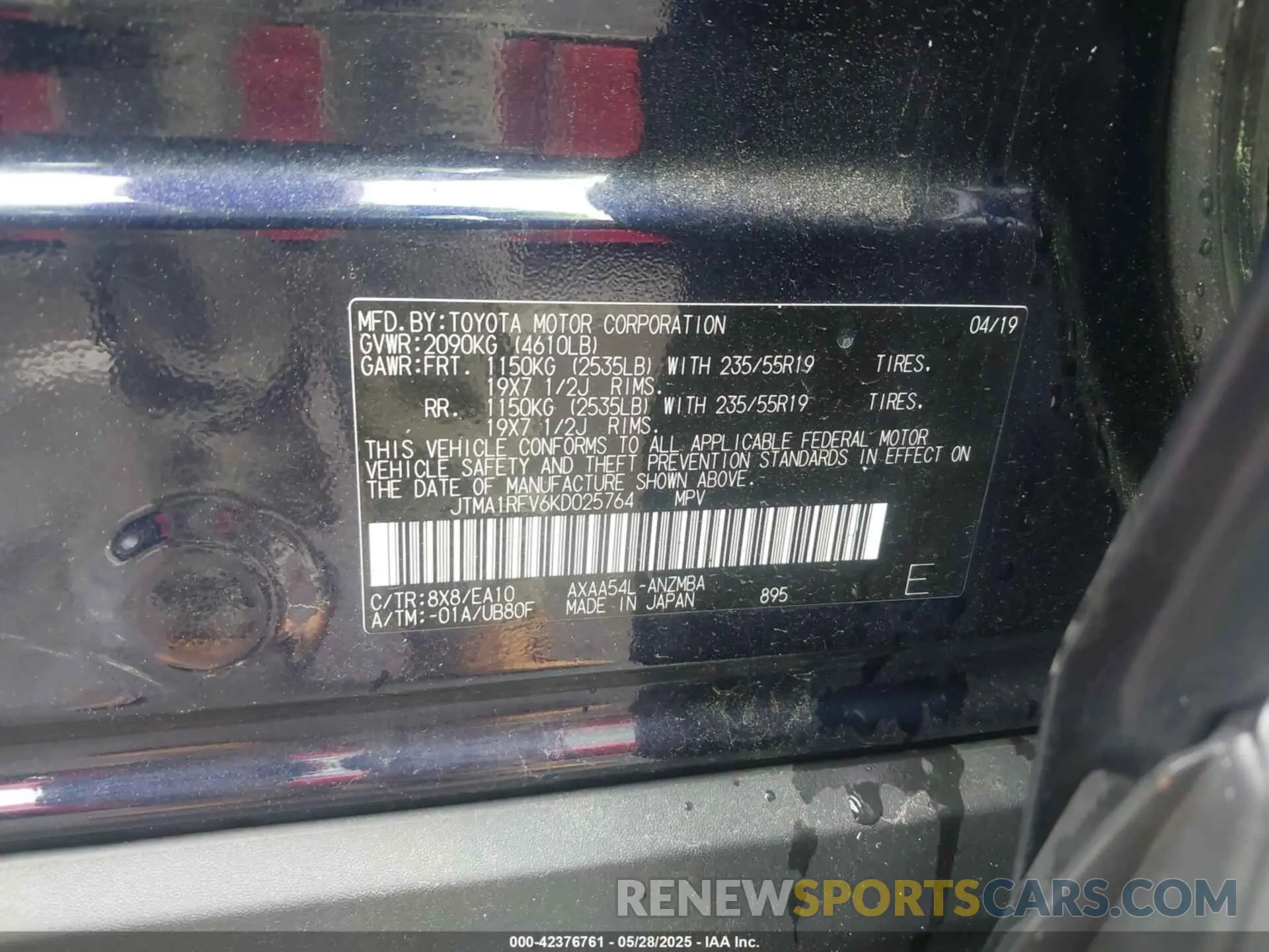 9 fotografías del automóvil dañado JTMA1RFV6KD025764 TOYOTA RAV4 2019