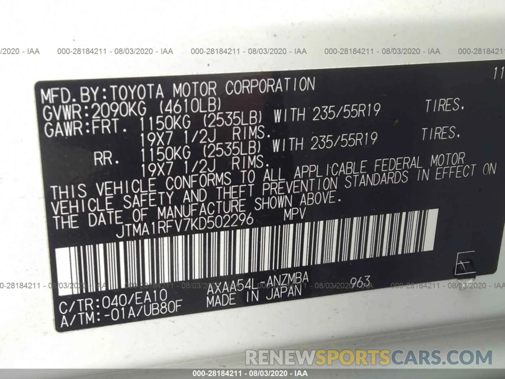 9 fotografías del automóvil dañado JTMA1RFV7KD502296 TOYOTA RAV4 2019