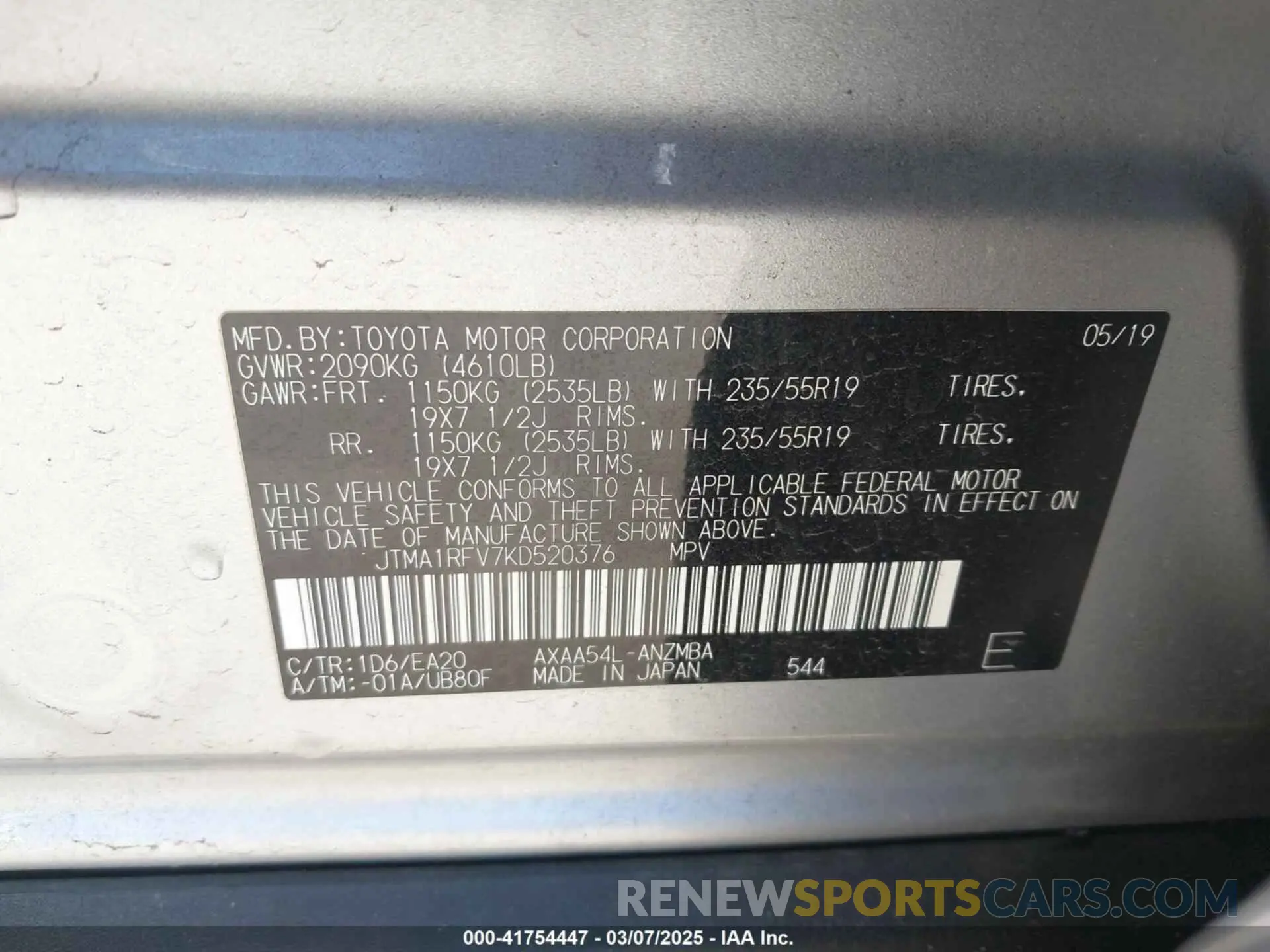 9 fotografías del automóvil dañado JTMA1RFV7KD520376 TOYOTA RAV4 2019