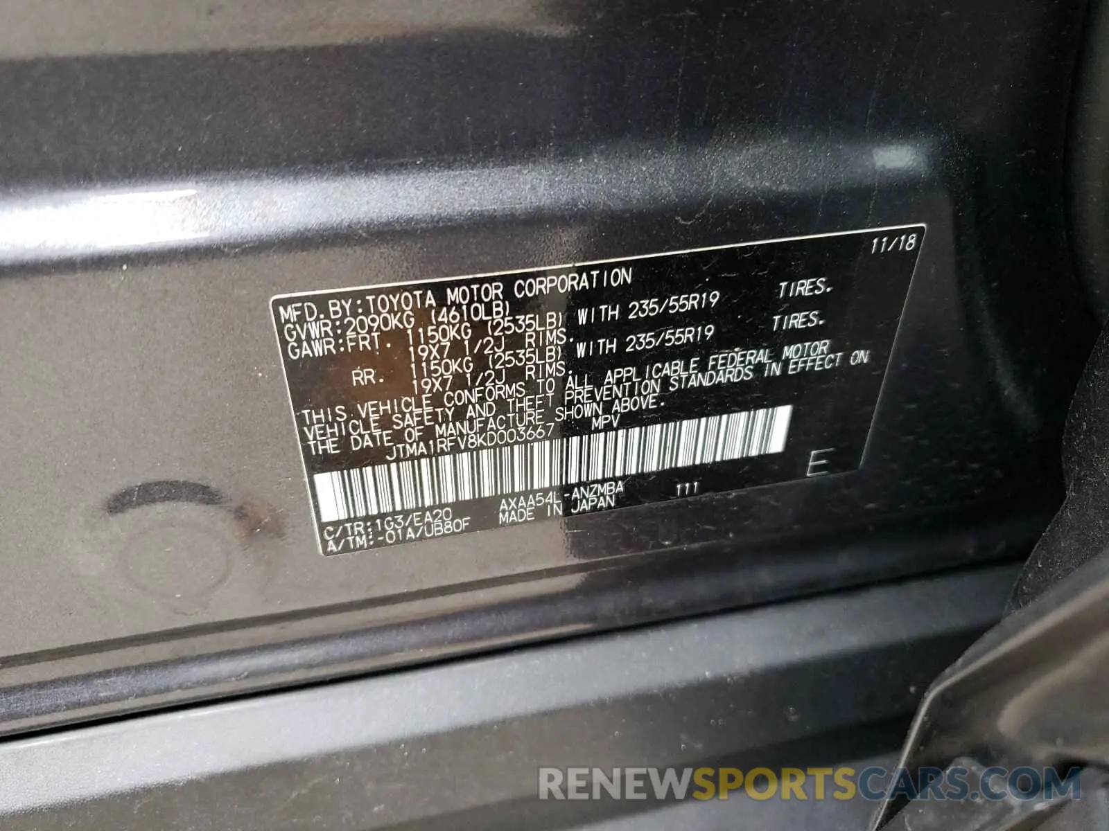 10 fotografías del automóvil dañado JTMA1RFV8KD003667 TOYOTA RAV4 2019