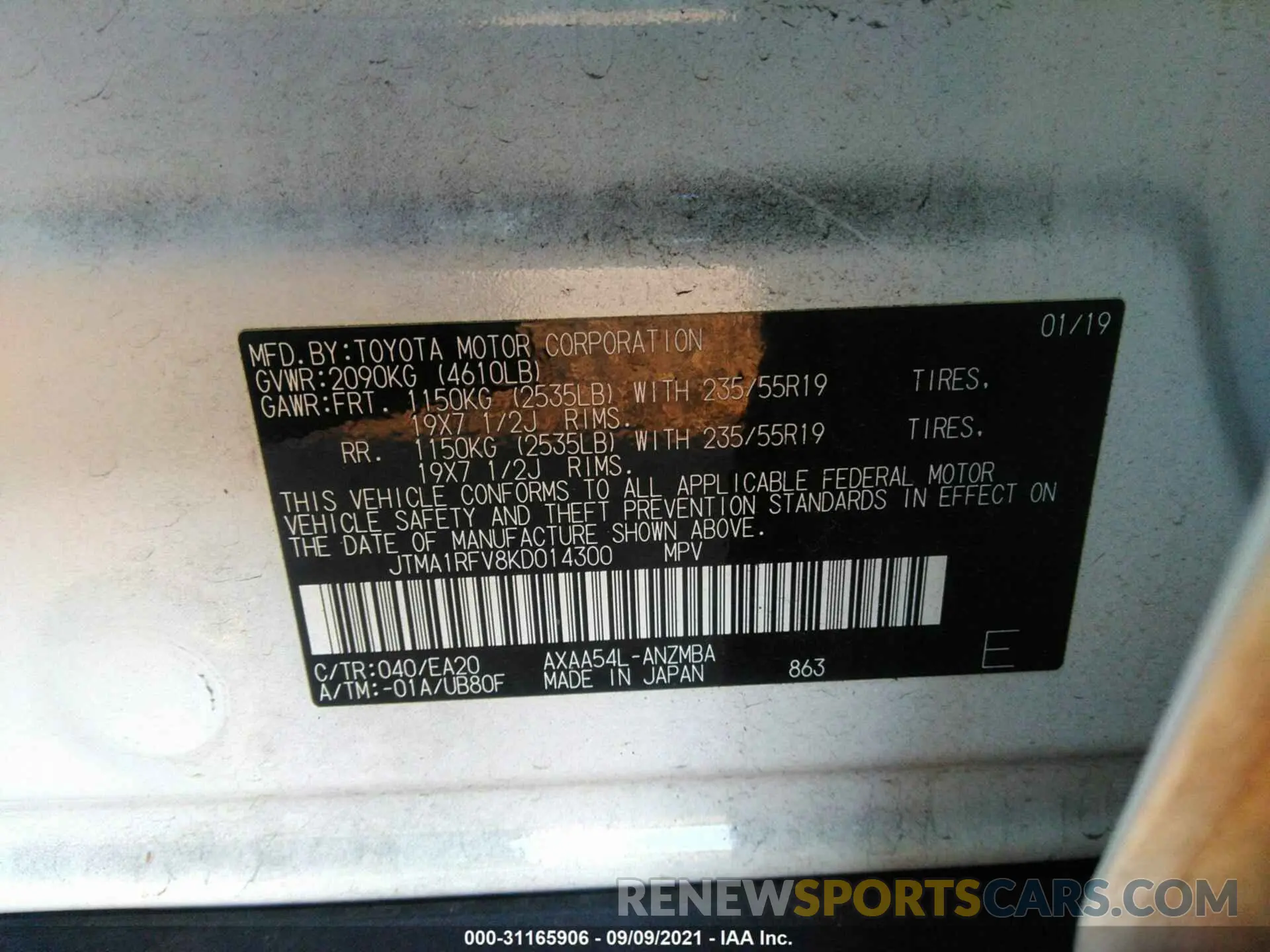 9 fotografías del automóvil dañado JTMA1RFV8KD014300 TOYOTA RAV4 2019