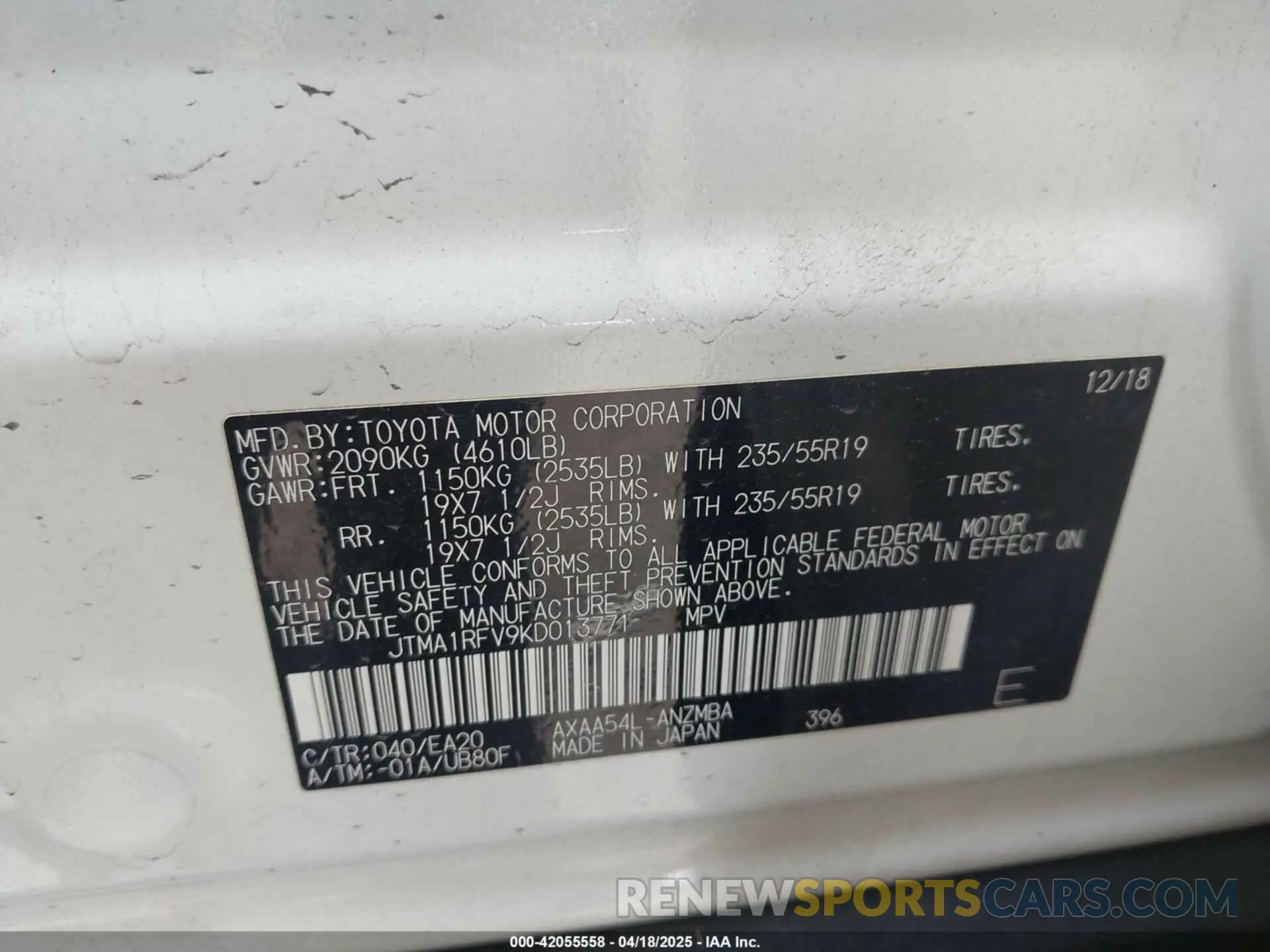 9 fotografías del automóvil dañado JTMA1RFV9KD013771 TOYOTA RAV4 2019