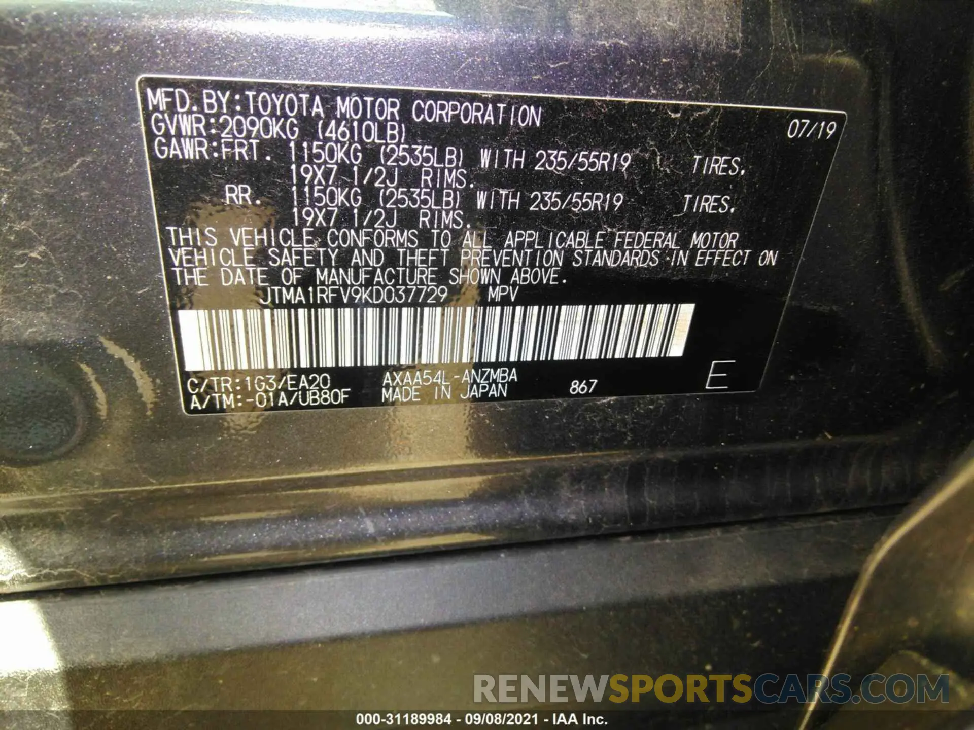 9 fotografías del automóvil dañado JTMA1RFV9KD037729 TOYOTA RAV4 2019
