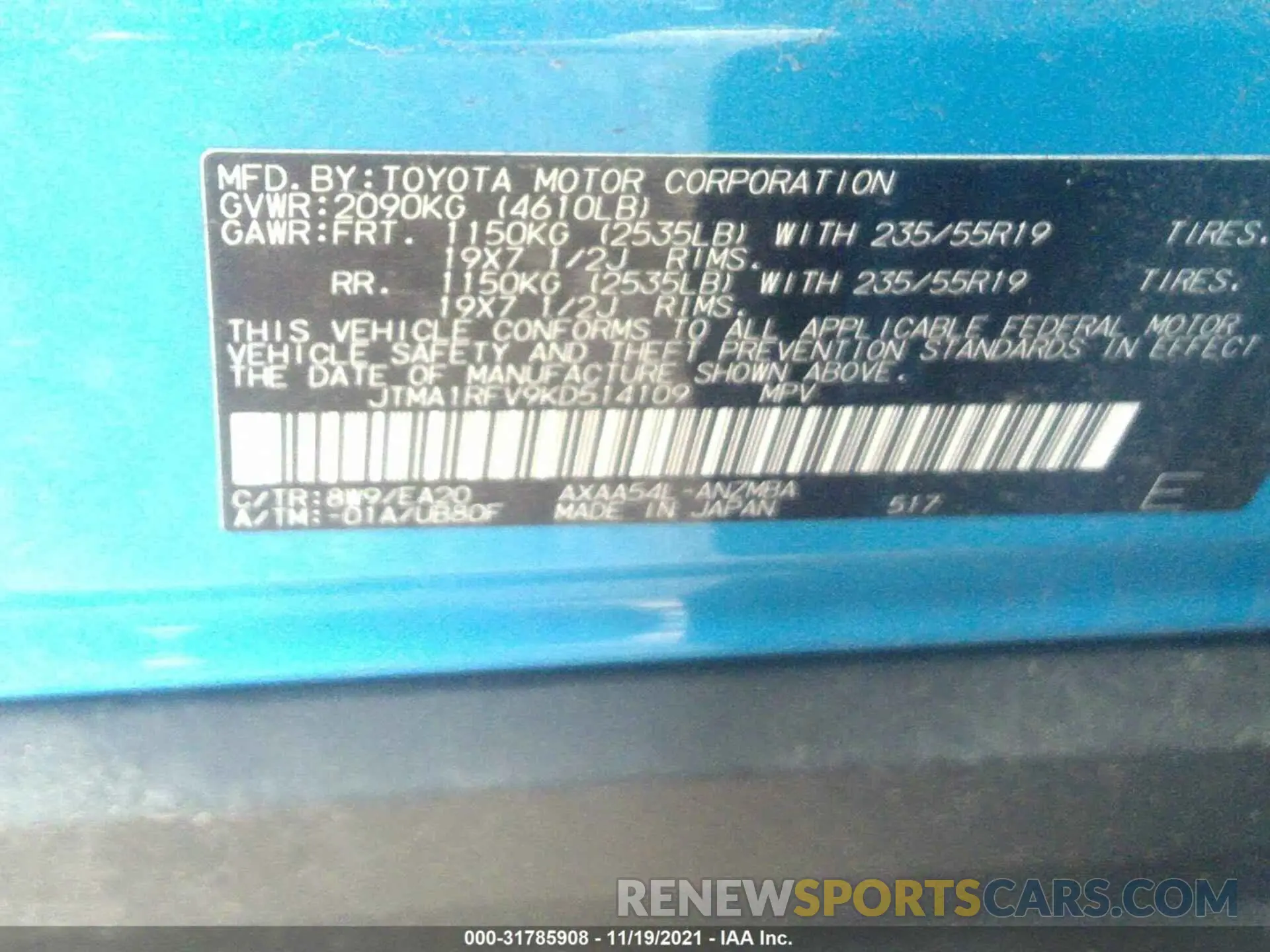 9 fotografías del automóvil dañado JTMA1RFV9KD514109 TOYOTA RAV4 2019