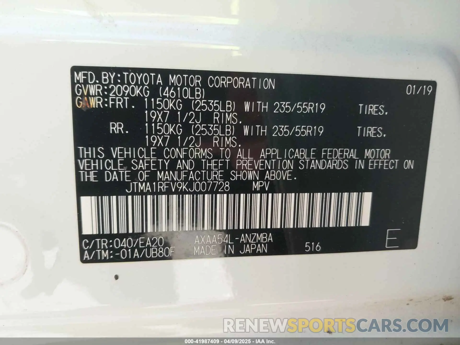 9 fotografías del automóvil dañado JTMA1RFV9KJ007728 TOYOTA RAV4 2019