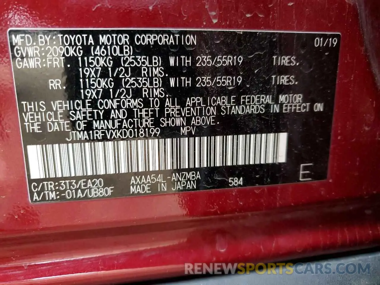 13 fotografías del automóvil dañado JTMA1RFVXKD018199 TOYOTA RAV4 2019