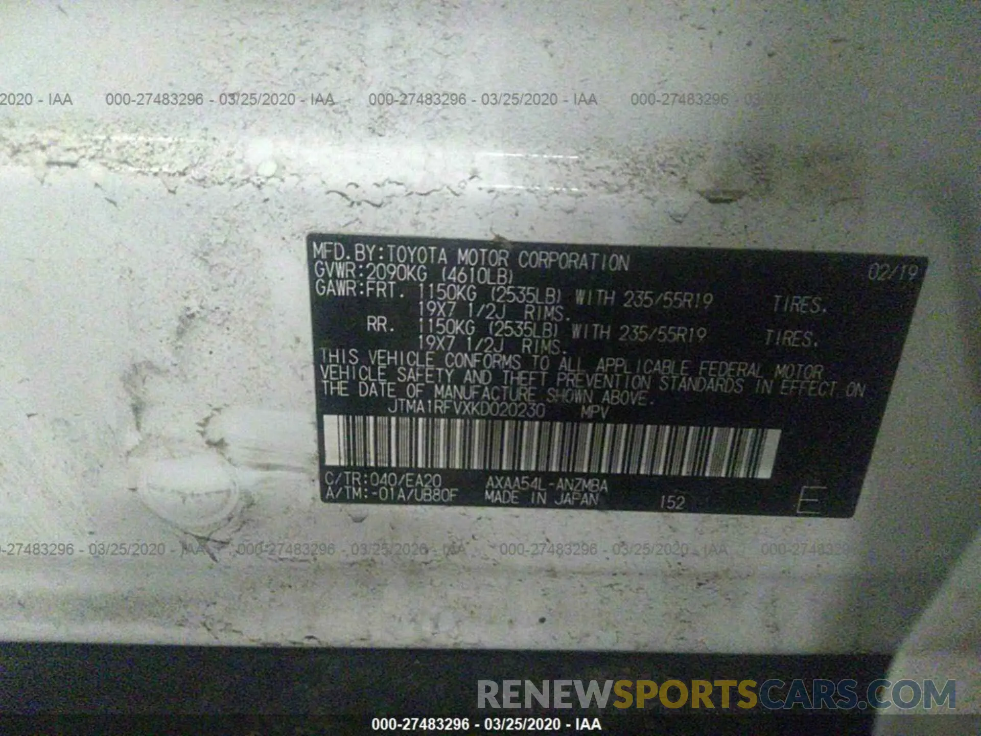 9 fotografías del automóvil dañado JTMA1RFVXKD020230 TOYOTA RAV4 2019