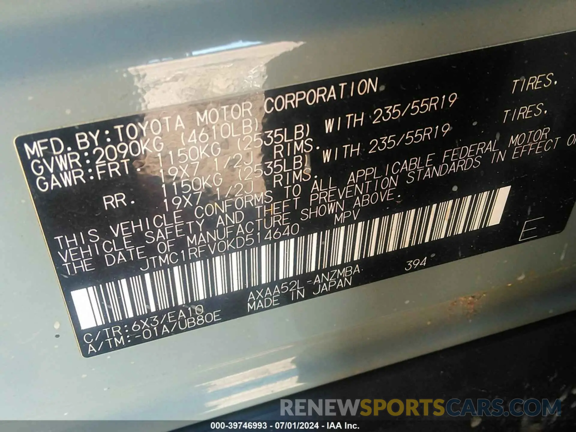 9 fotografías del automóvil dañado JTMC1RFV0KD514640 TOYOTA RAV4 2019