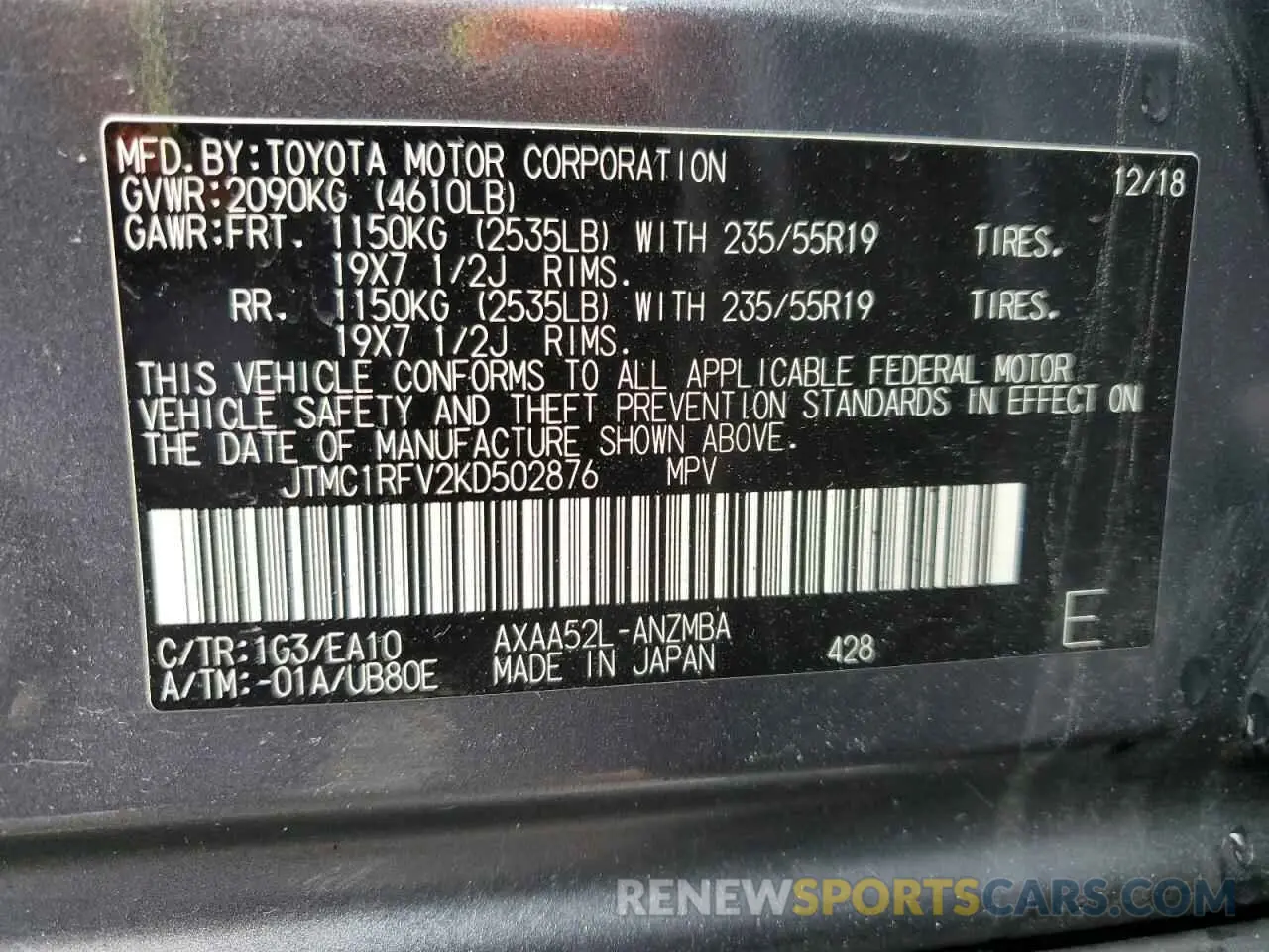 13 fotografías del automóvil dañado JTMC1RFV2KD502876 TOYOTA RAV4 2019