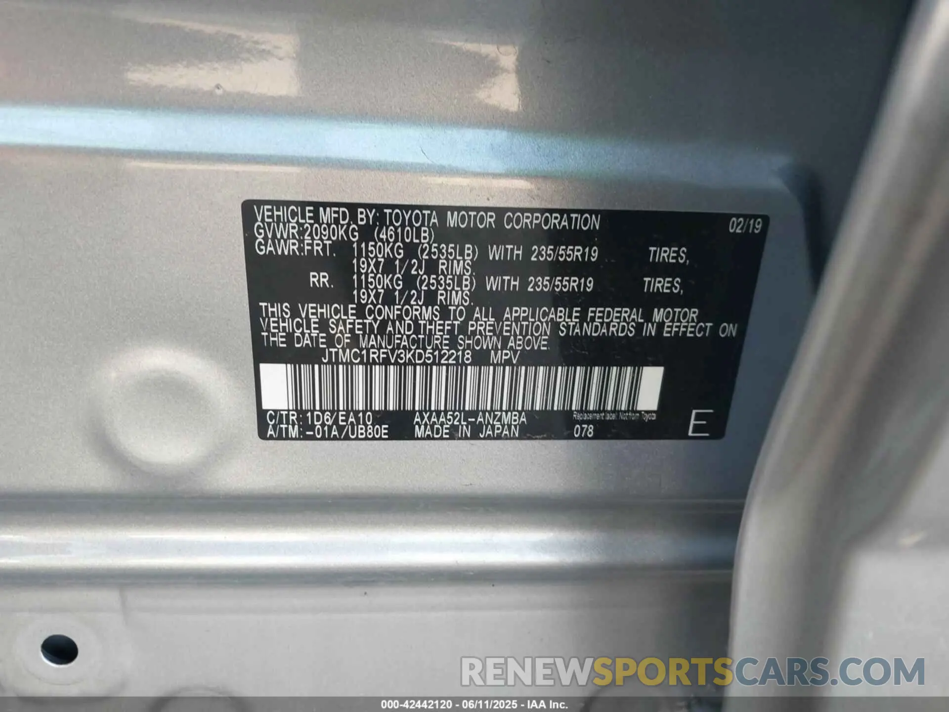9 fotografías del automóvil dañado JTMC1RFV3KD512218 TOYOTA RAV4 2019