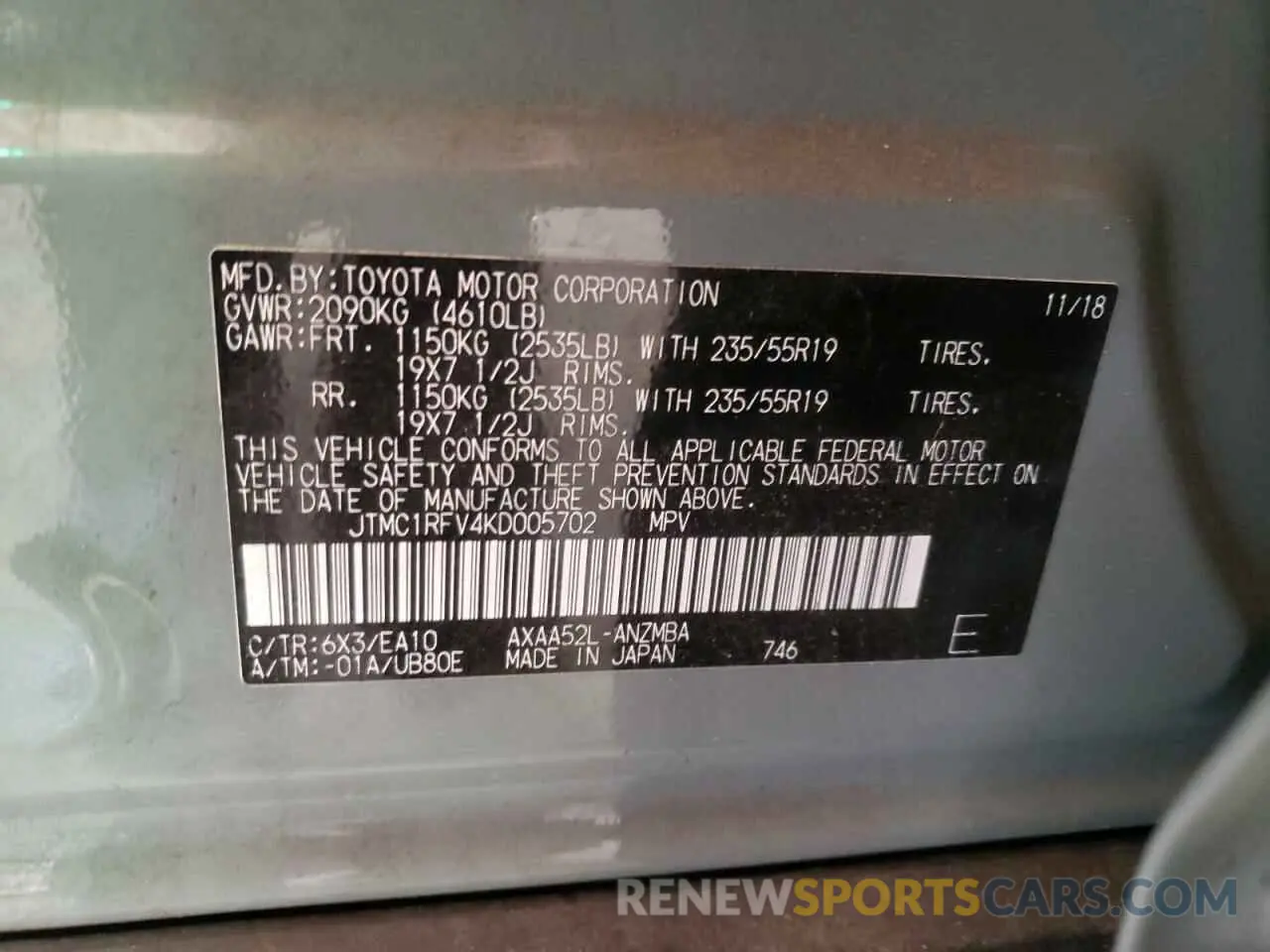 10 fotografías del automóvil dañado JTMC1RFV4KD005702 TOYOTA RAV4 2019