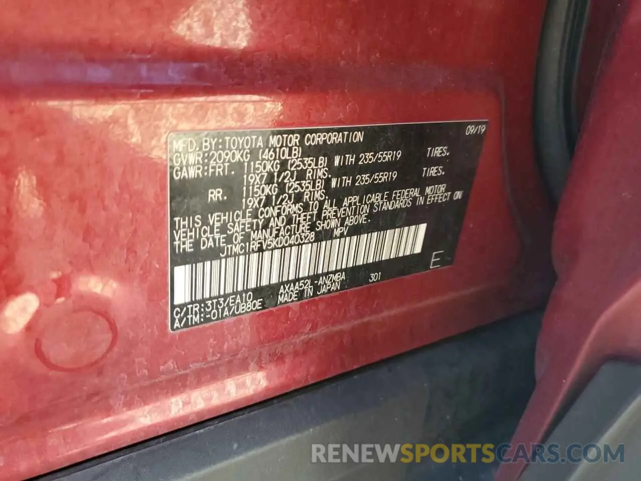 14 fotografías del automóvil dañado JTMC1RFV5KD040328 TOYOTA RAV4 2019