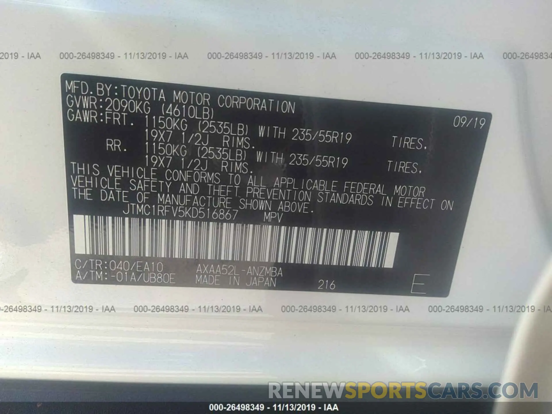 9 fotografías del automóvil dañado JTMC1RFV5KD516867 TOYOTA RAV4 2019