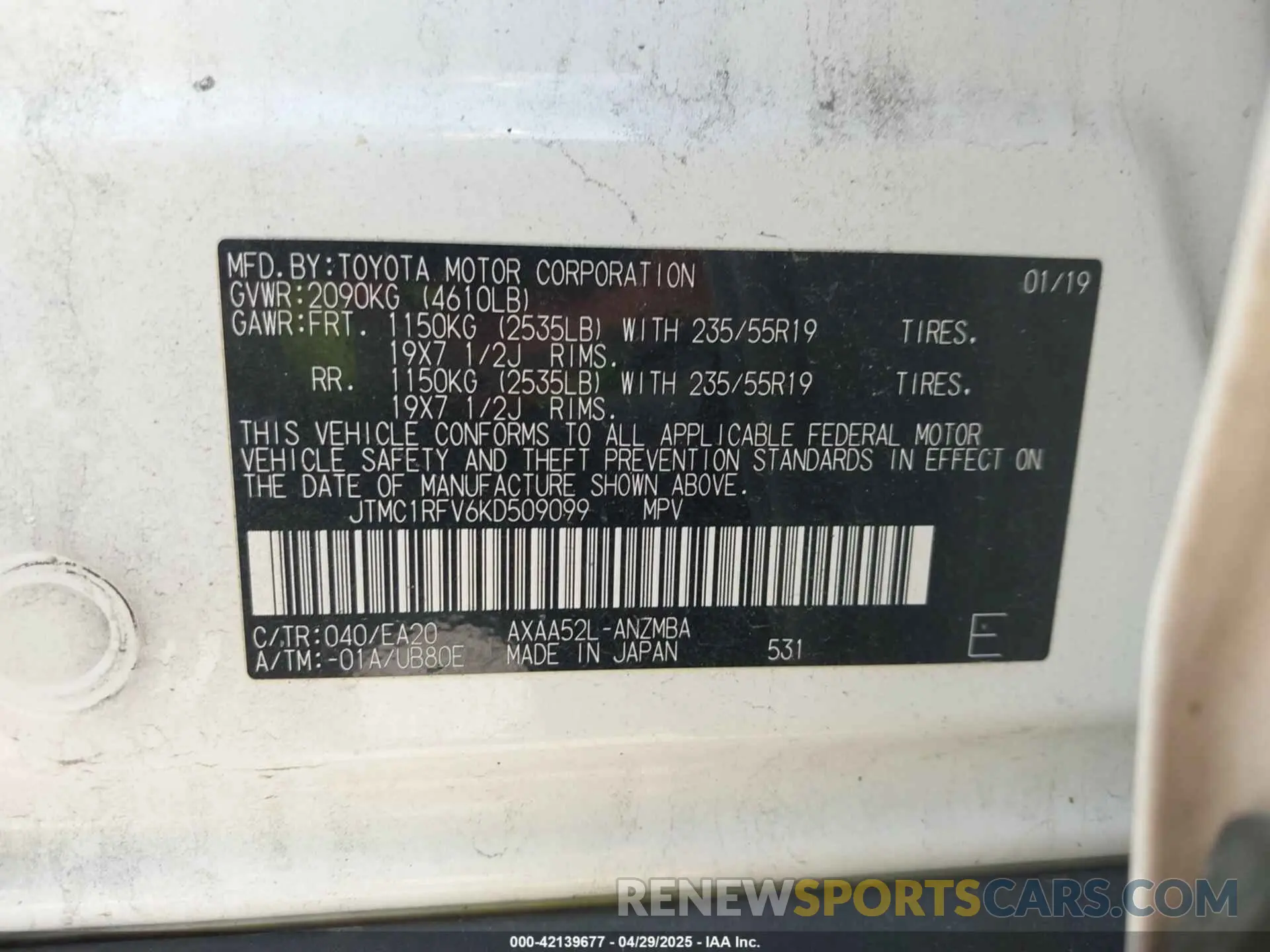 9 fotografías del automóvil dañado JTMC1RFV6KD509099 TOYOTA RAV4 2019
