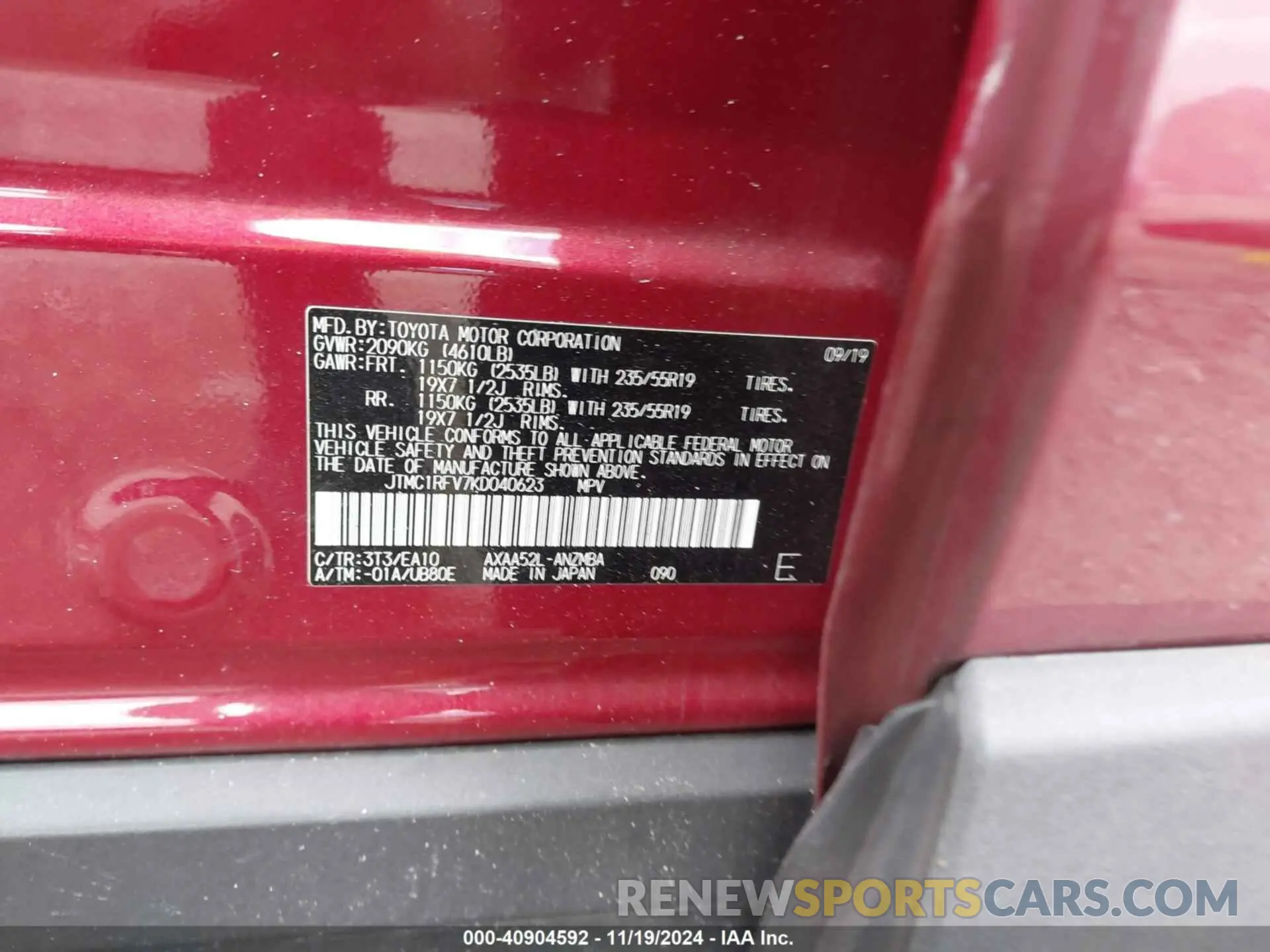 9 fotografías del automóvil dañado JTMC1RFV7KD040623 TOYOTA RAV4 2019