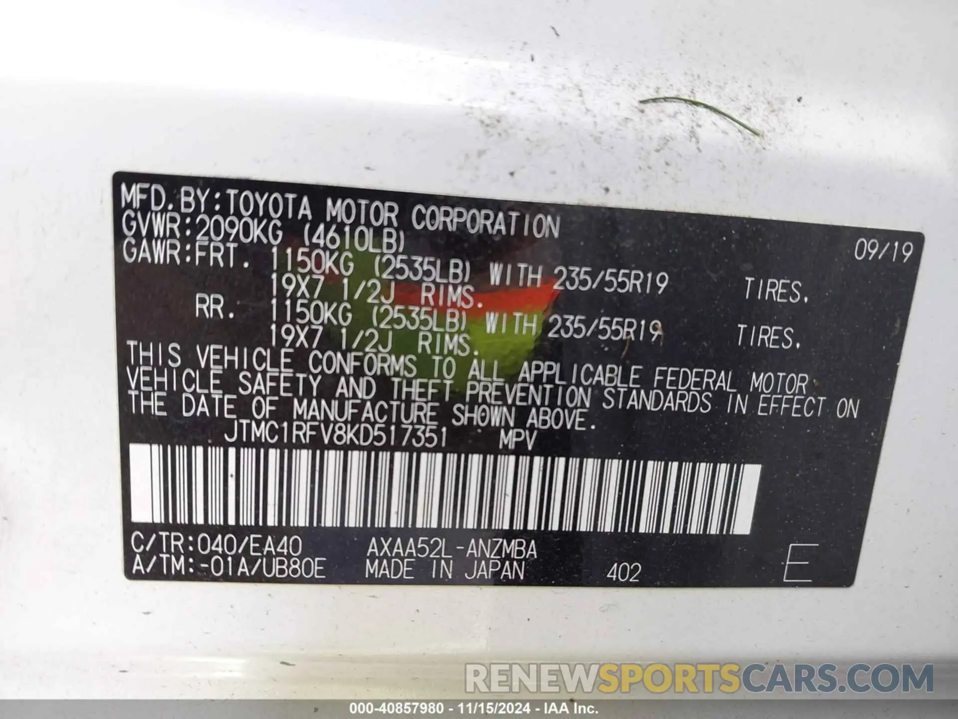 9 fotografías del automóvil dañado JTMC1RFV8KD517351 TOYOTA RAV4 2019