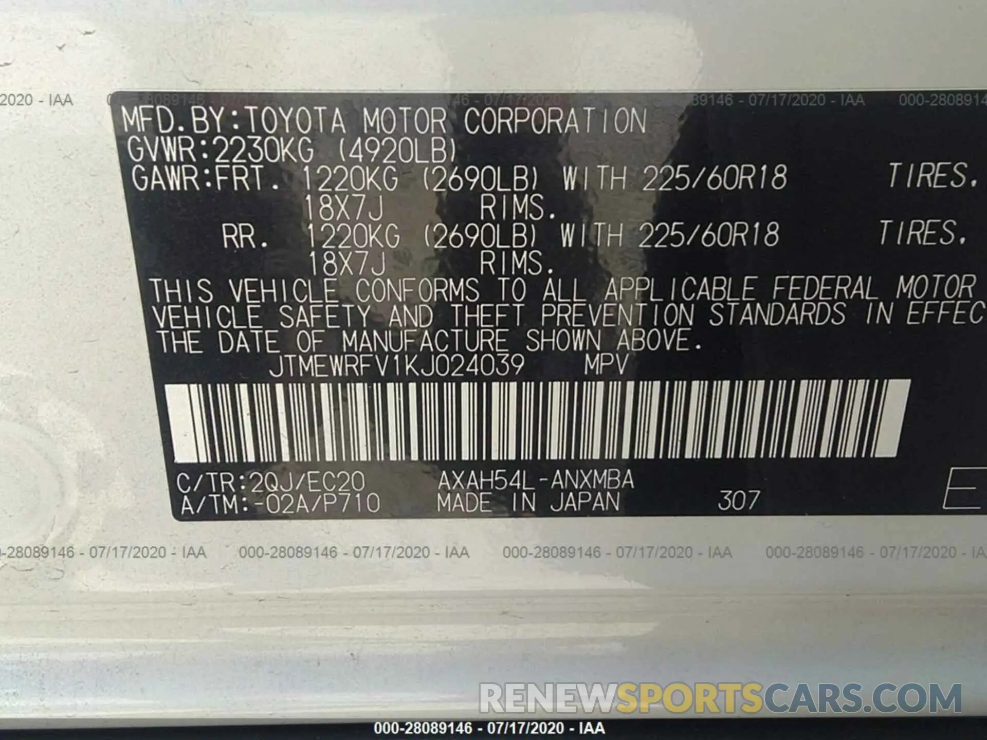 9 fotografías del automóvil dañado JTMEWRFV1KJ024039 TOYOTA RAV4 2019