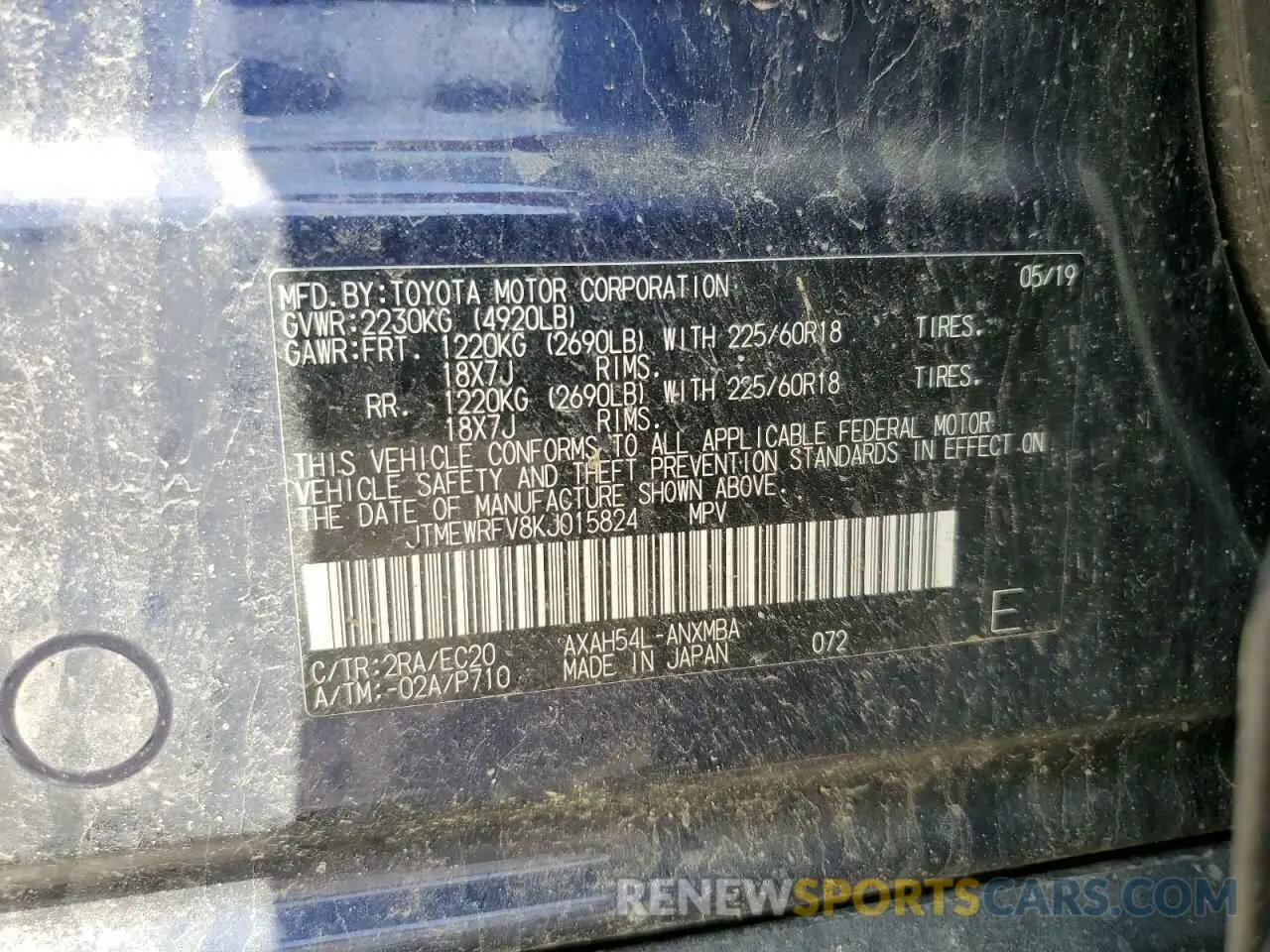 14 fotografías del automóvil dañado JTMEWRFV8KJ015824 TOYOTA RAV4 2019