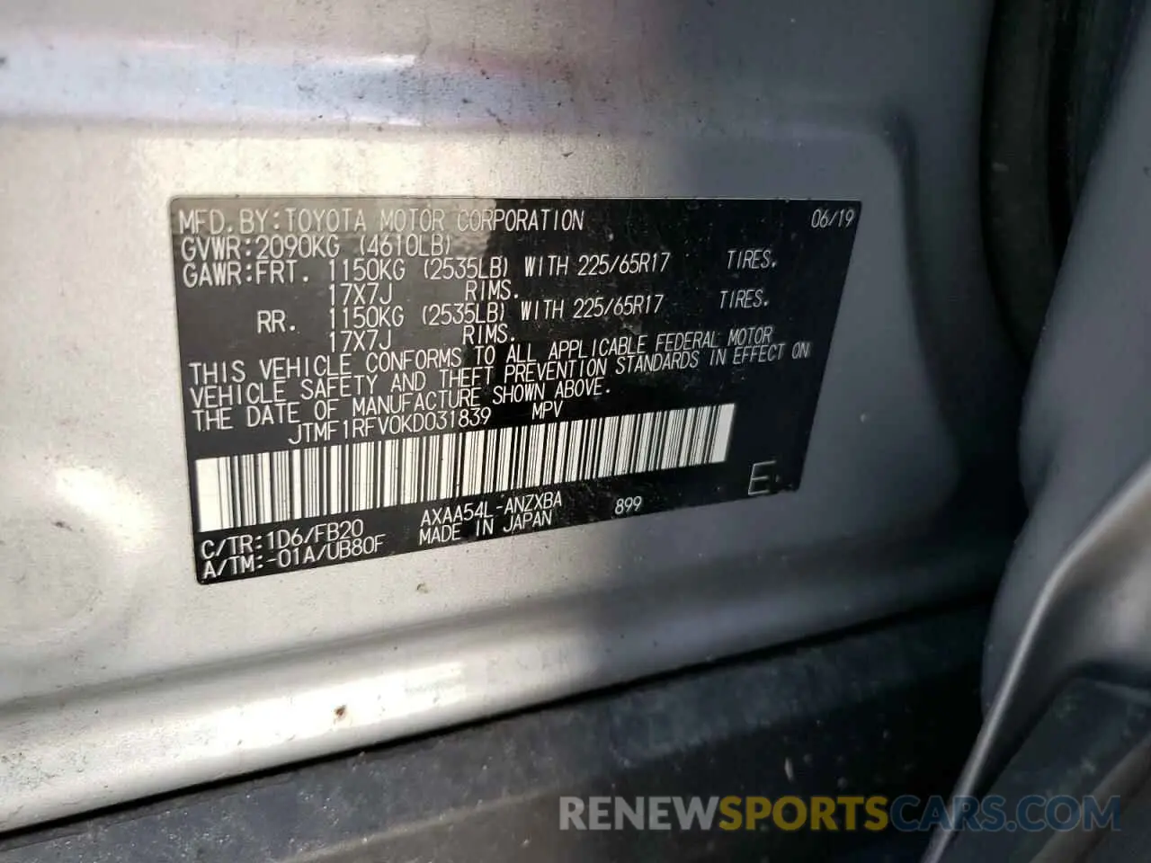 13 fotografías del automóvil dañado JTMF1RFV0KD031839 TOYOTA RAV4 2019