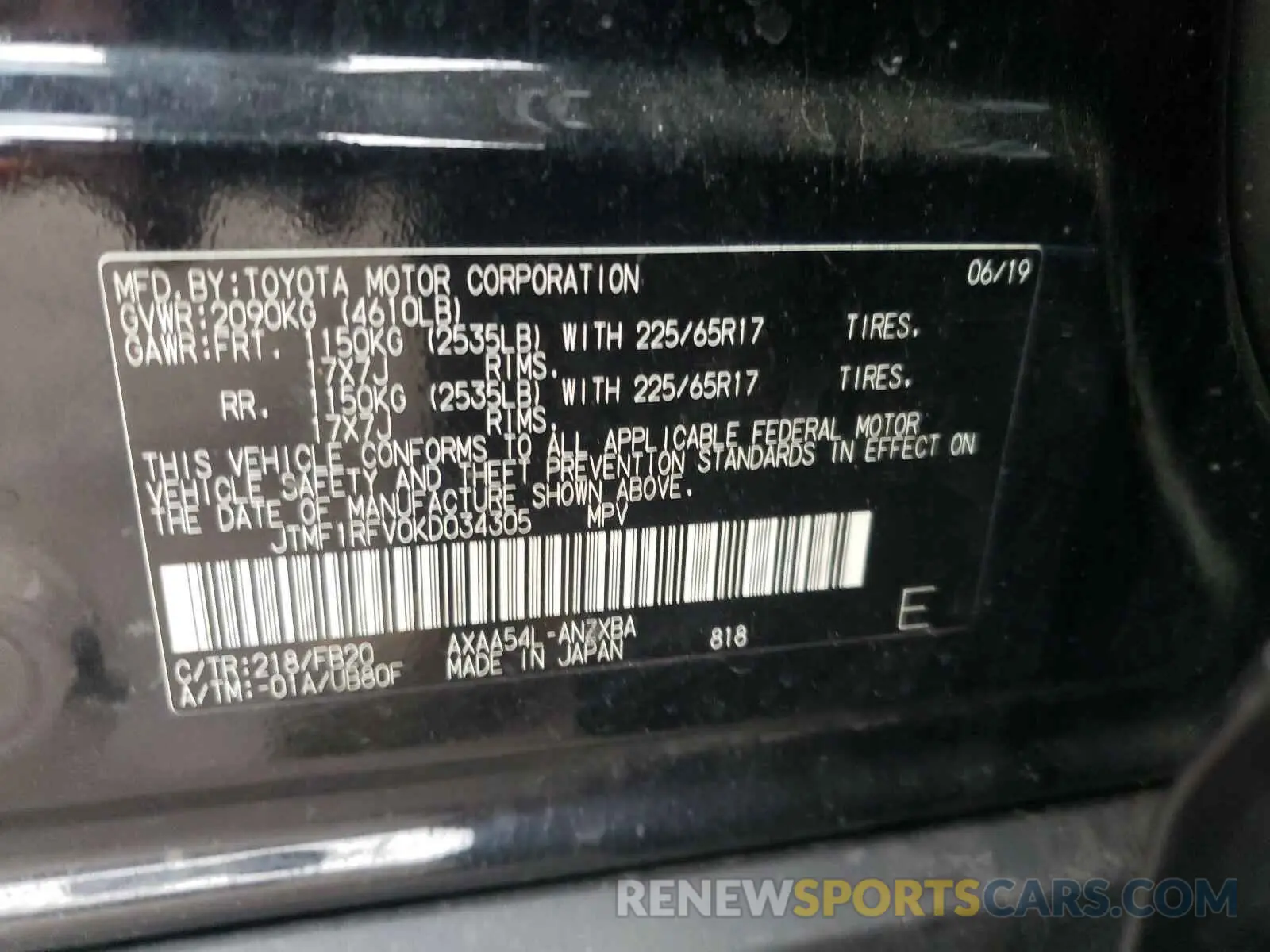 10 fotografías del automóvil dañado JTMF1RFV0KD034305 TOYOTA RAV4 2019