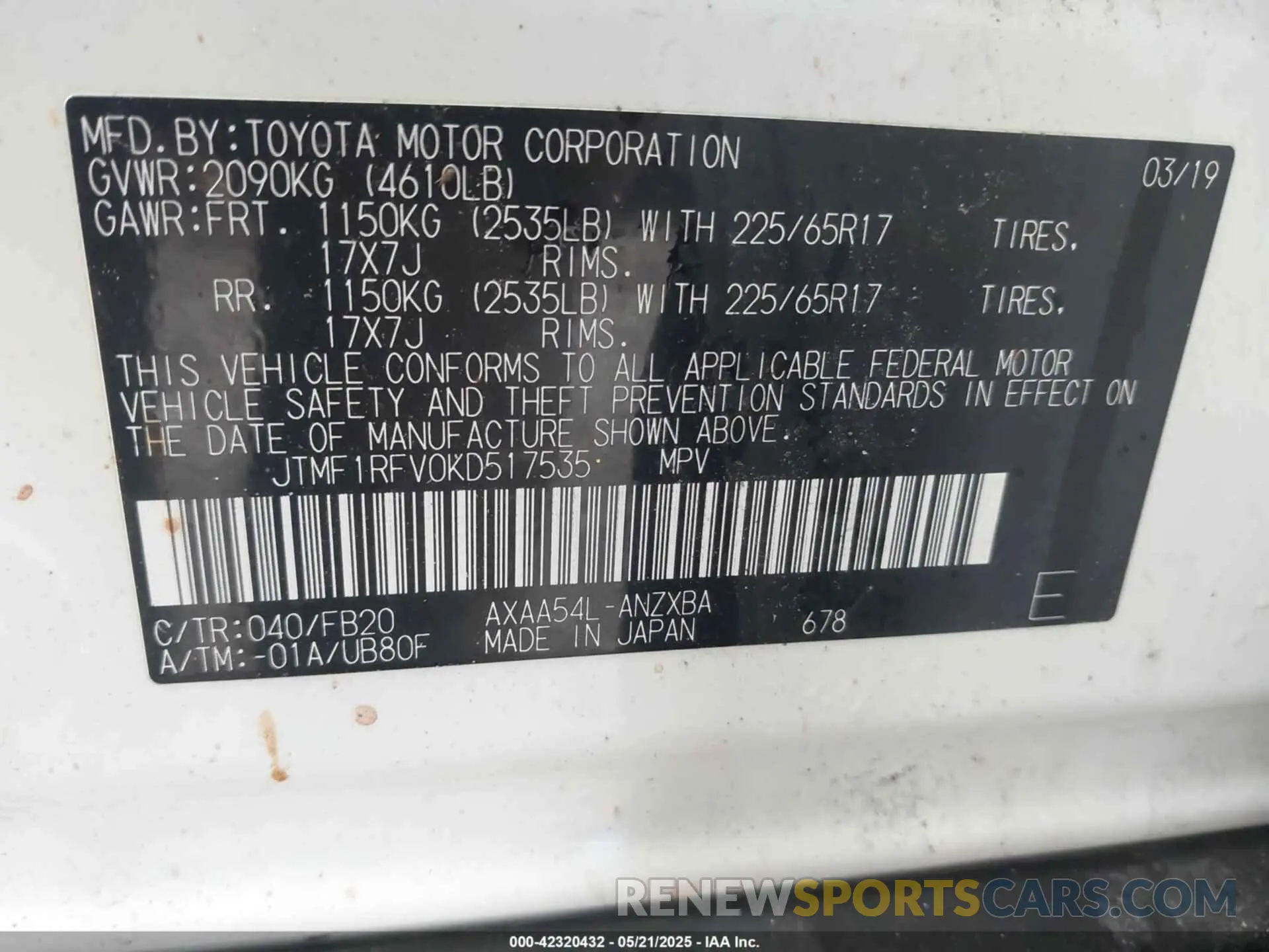 9 fotografías del automóvil dañado JTMF1RFV0KD517535 TOYOTA RAV4 2019