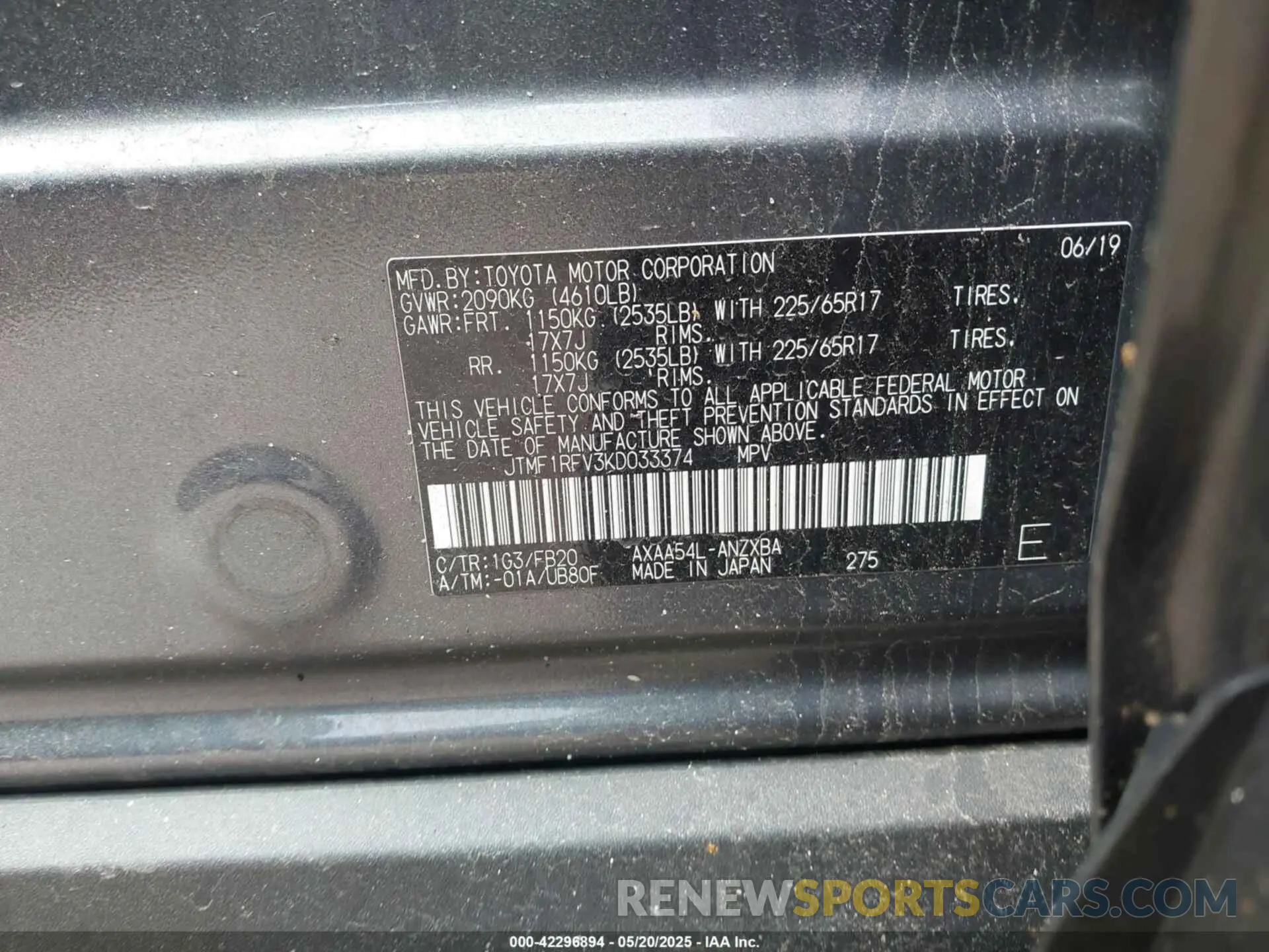 9 fotografías del automóvil dañado JTMF1RFV3KD033374 TOYOTA RAV4 2019