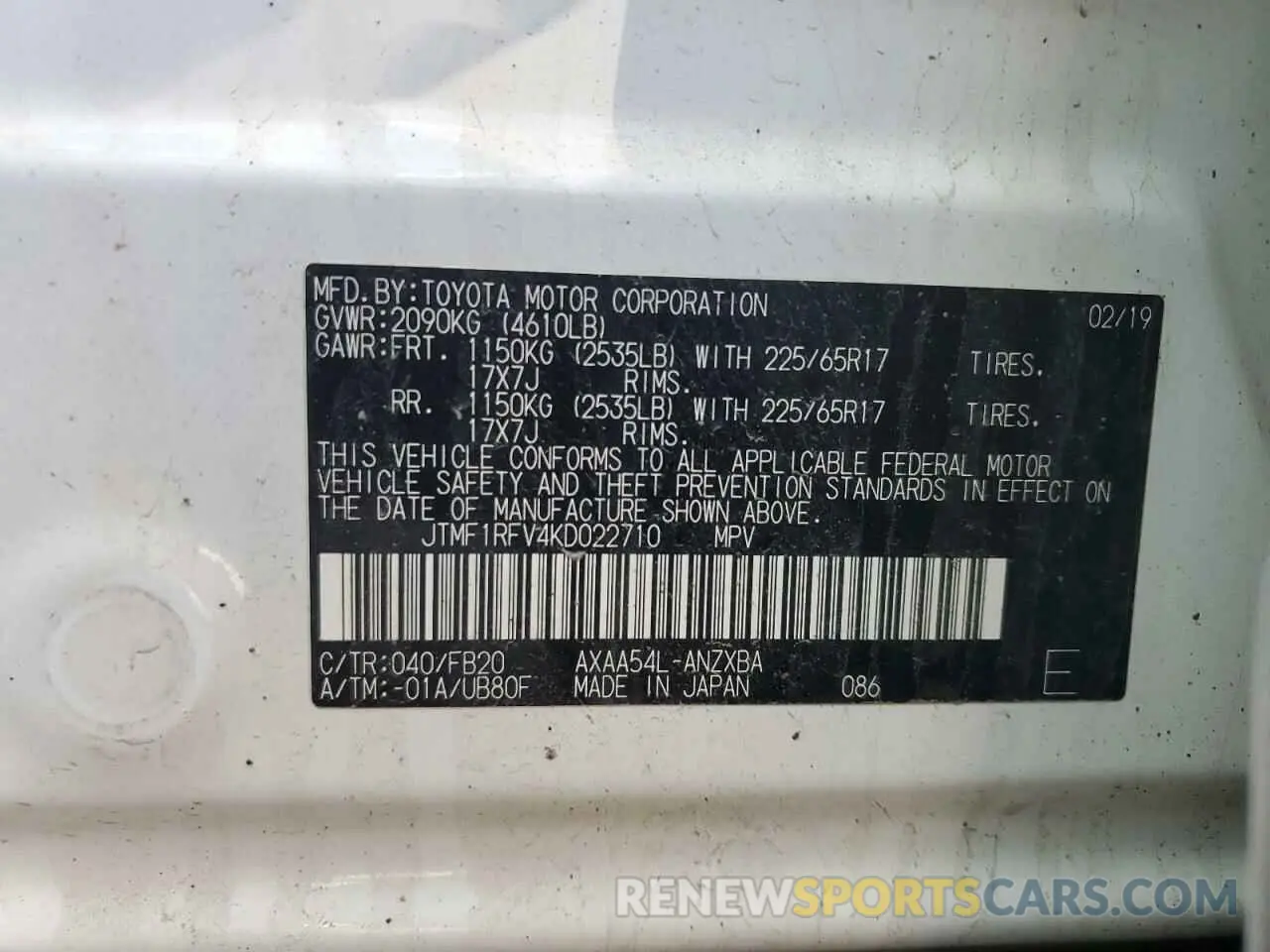 13 fotografías del automóvil dañado JTMF1RFV4KD022710 TOYOTA RAV4 2019