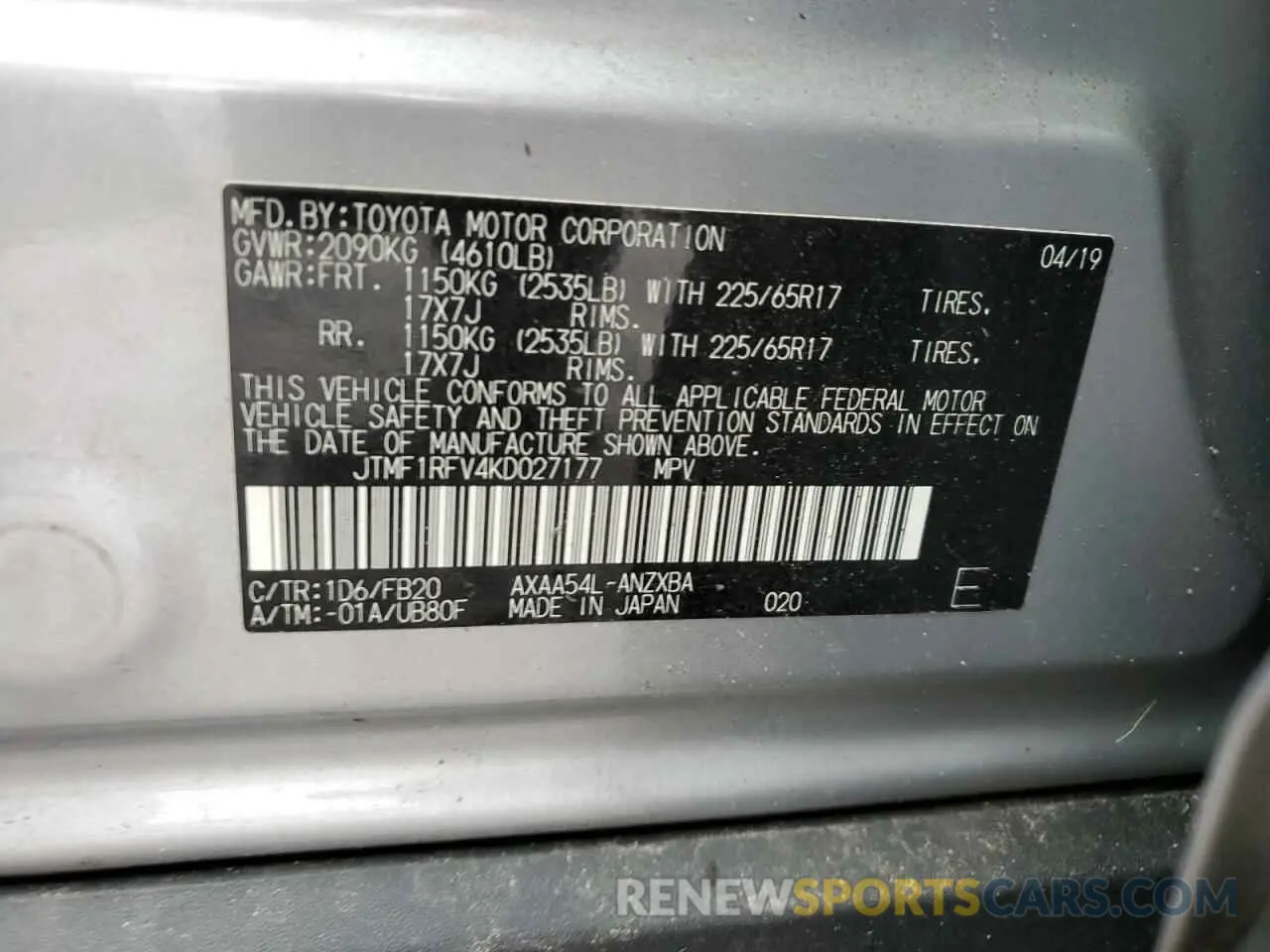 13 fotografías del automóvil dañado JTMF1RFV4KD027177 TOYOTA RAV4 2019