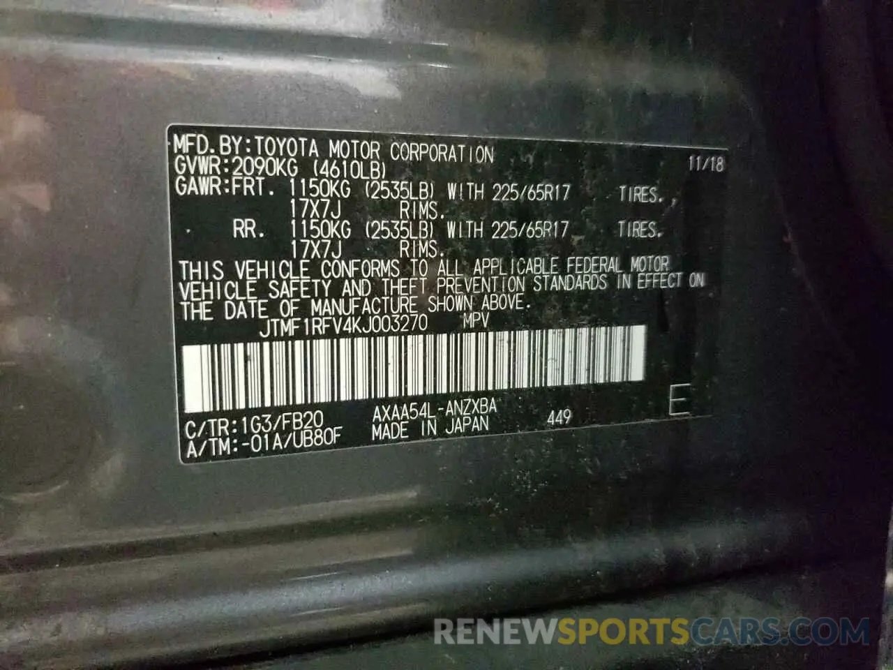 12 fotografías del automóvil dañado JTMF1RFV4KJ003270 TOYOTA RAV4 2019