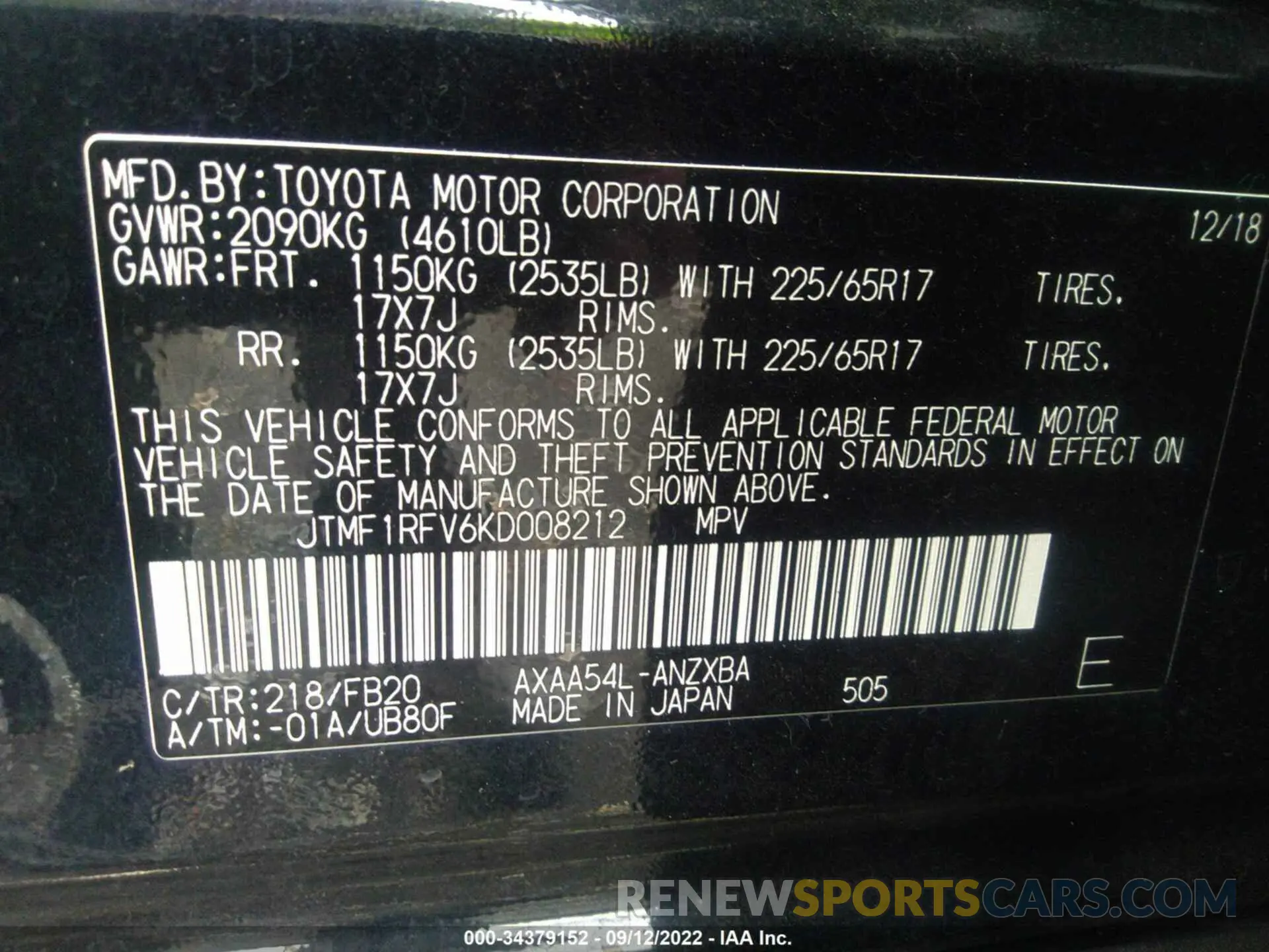9 fotografías del automóvil dañado JTMF1RFV6KD008212 TOYOTA RAV4 2019