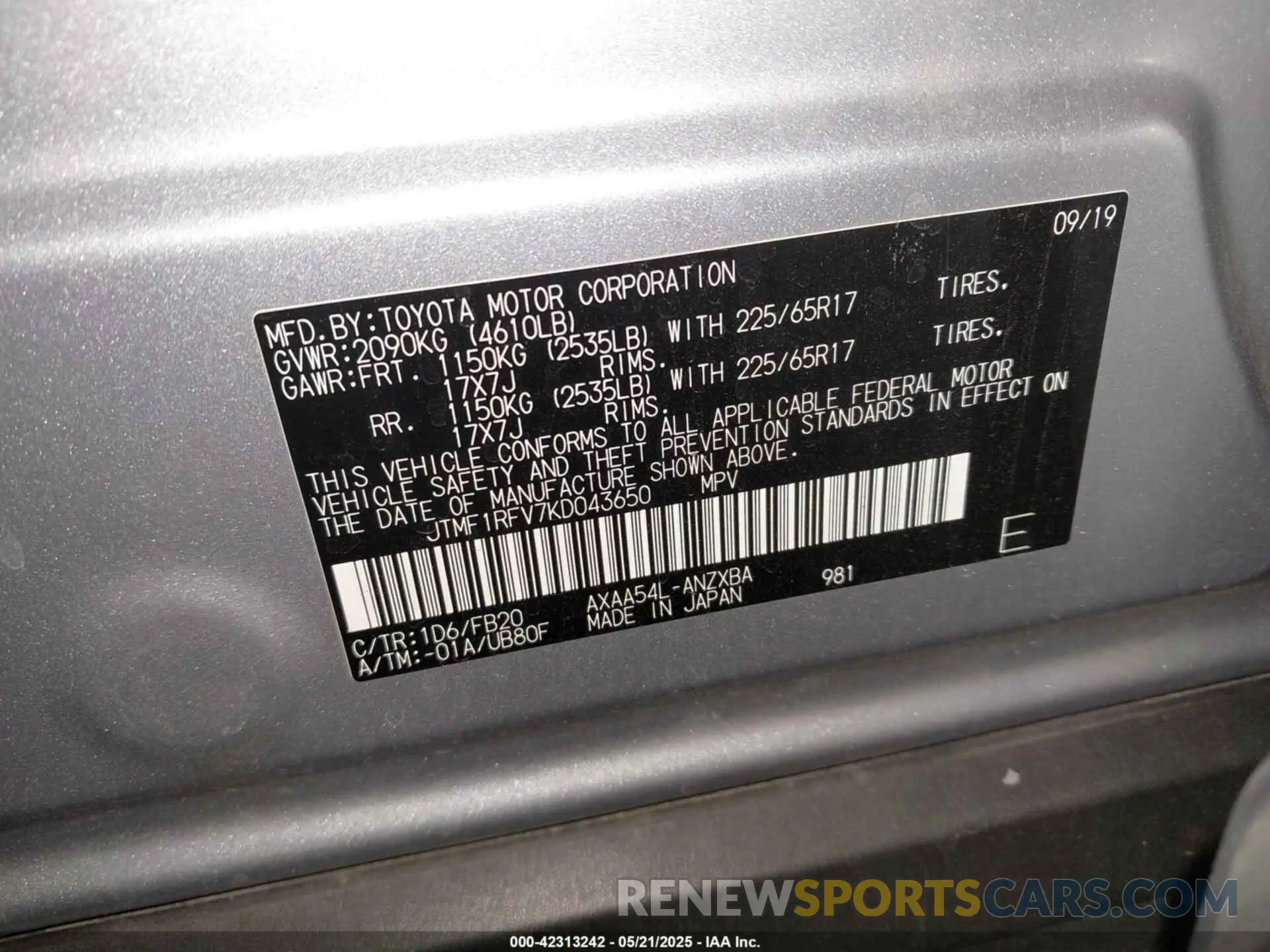 9 fotografías del automóvil dañado JTMF1RFV7KD043650 TOYOTA RAV4 2019