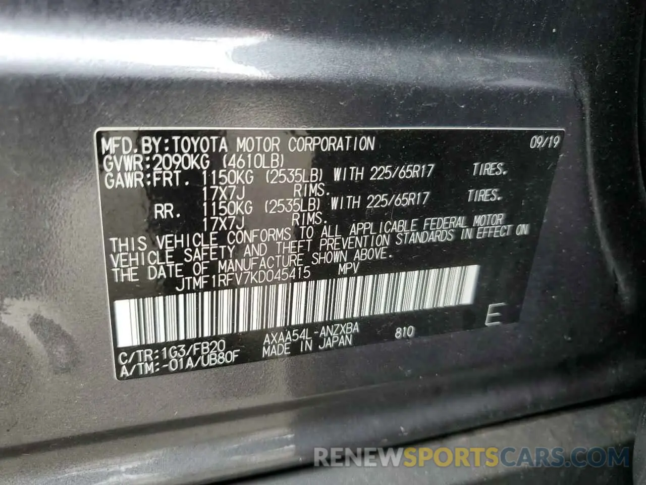 13 fotografías del automóvil dañado JTMF1RFV7KD045415 TOYOTA RAV4 2019