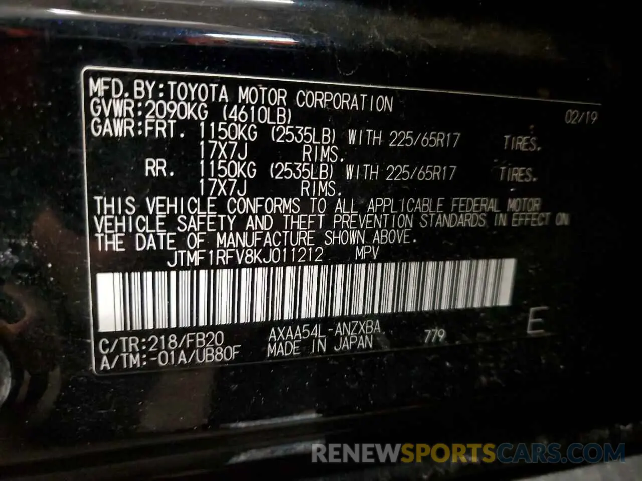 12 fotografías del automóvil dañado JTMF1RFV8KJ011212 TOYOTA RAV4 2019