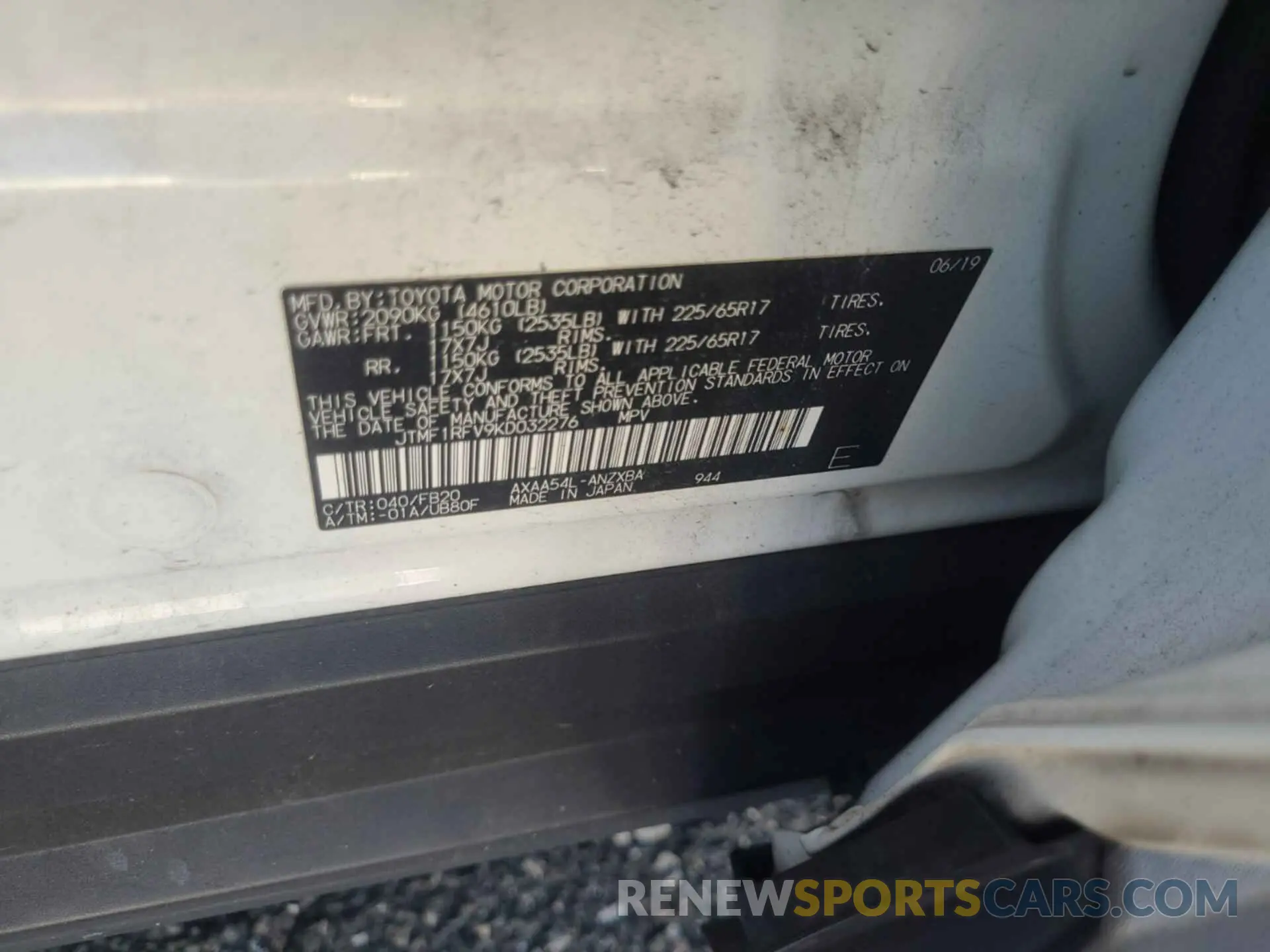 20 fotografías del automóvil dañado JTMF1RFV9KD032276 TOYOTA RAV4 2019
